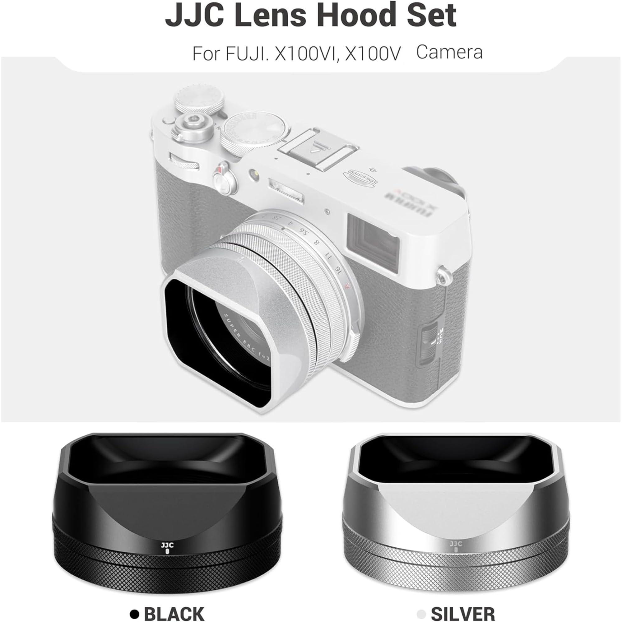 JJC Paresoleil d'objectif carré classique en métal avec bague d'adaptation 49 mm + capuchon pour appareil photo Fujifilm X100VI Fuji X100V Fuji X100F – Support de filtre 49 mm – Argent