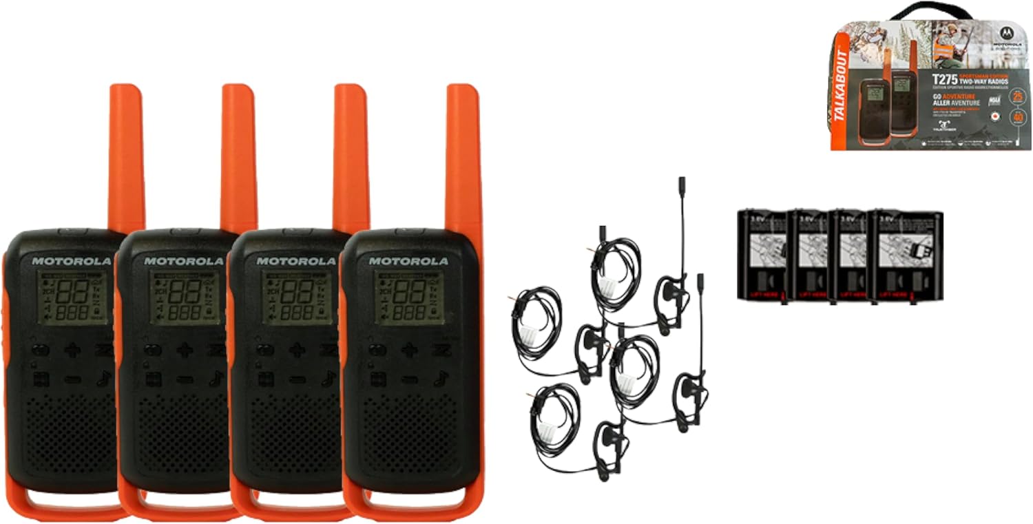 Motorola Solutions Talkabout T275, 4 Pack Walkie Talkies, Portable FRS Two Way Radios, Orange/Black 22 Channels License Free Boom Mic PTT Earpieces