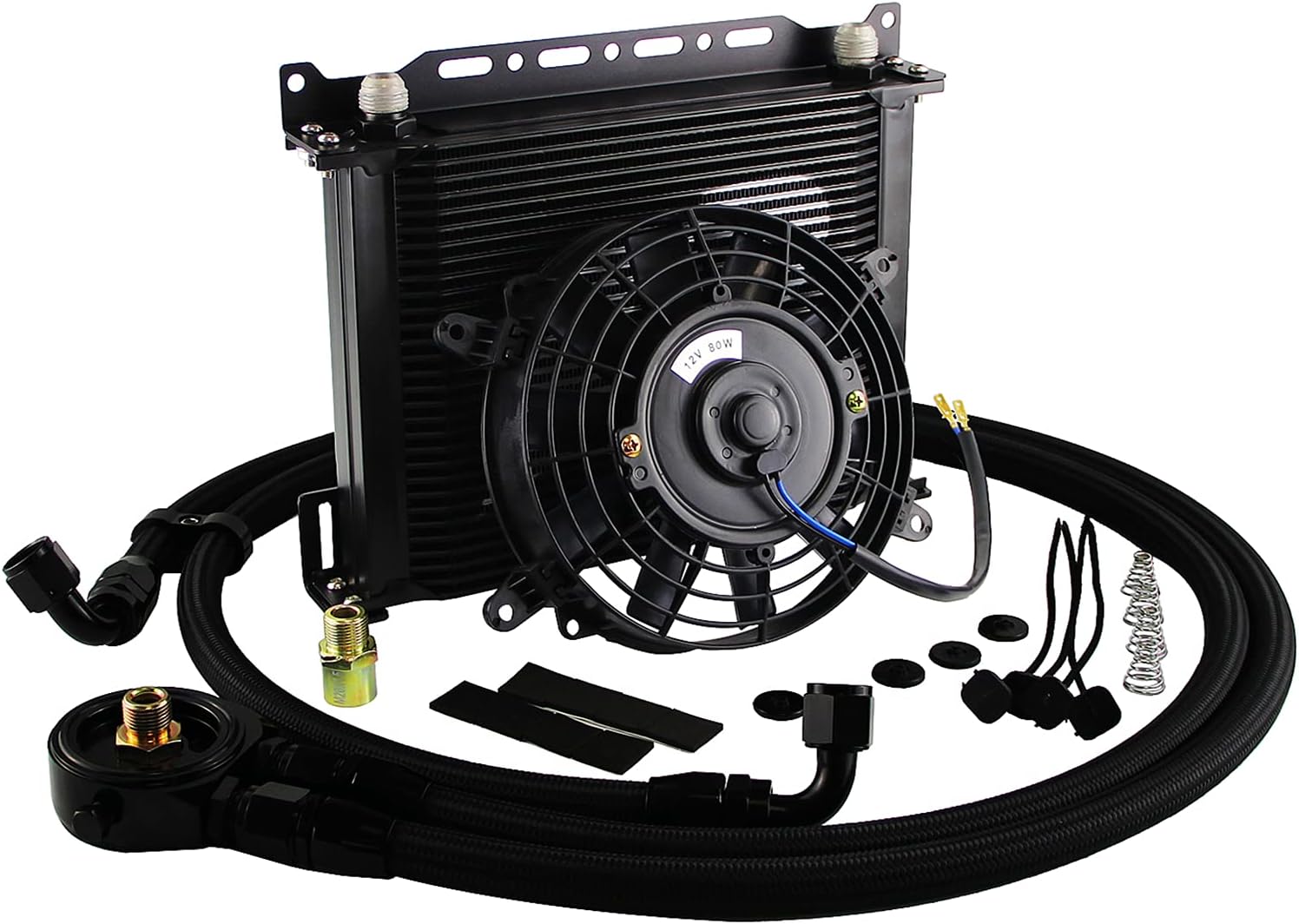Universal Engine Transmission Aluminum AN10 30 Row Oil cooler Kit with Bracket + Adapter Hose +7" Fan Kit 3/4X16 & M20X1.5 Black