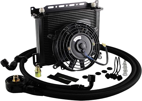 Universal Engine Transmission Aluminum AN10 30 Row Oil cooler Kit with Bracket + Adapter Hose +7 Fan Kit 3/4X16 & M20X1.5 Black