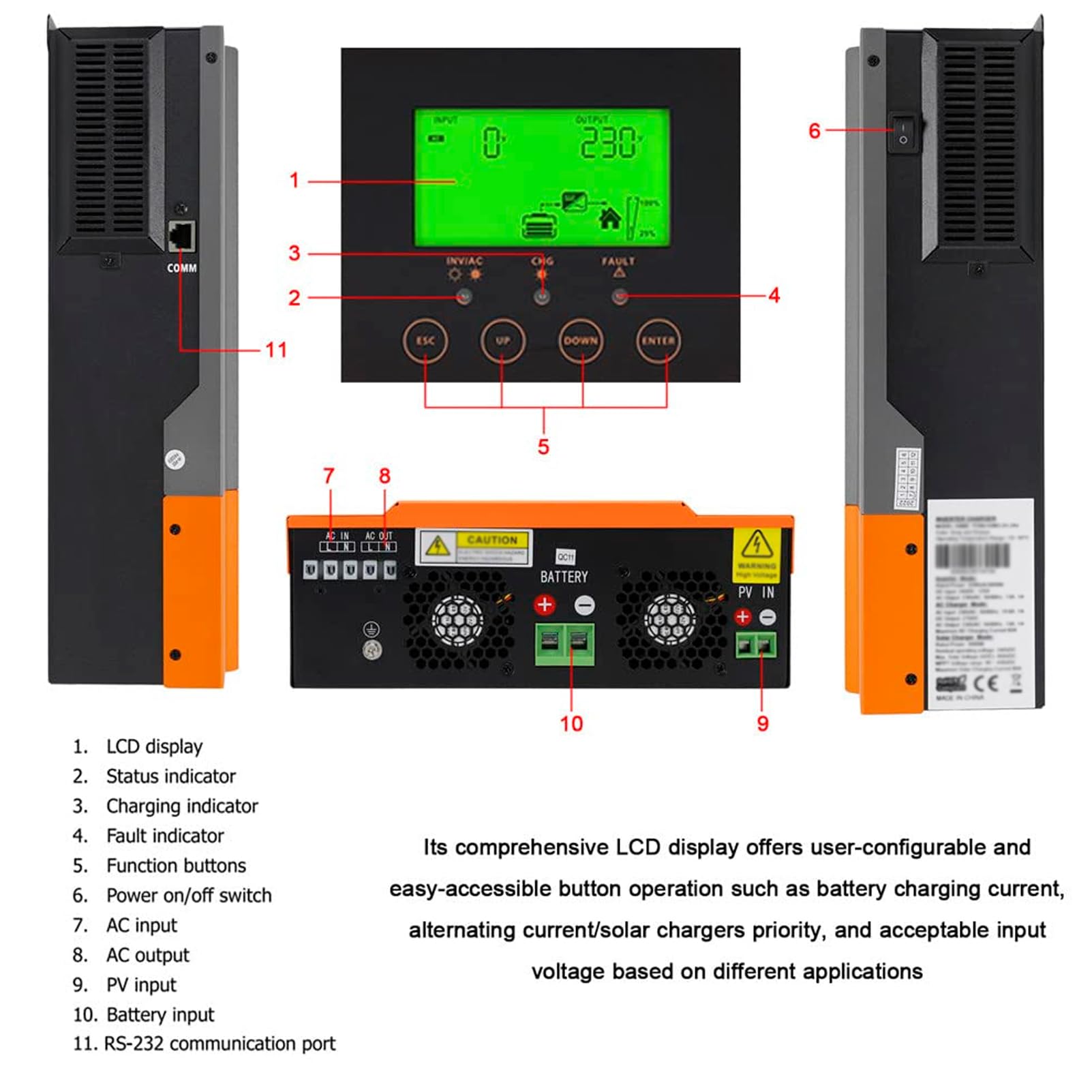 Hybrydowy inwerter solarny o mocy 5500 W, inwerter czystej fali sinusoidalnej, 3-fazowy inwerter solarny, kontroler słoneczny 100 A, 220 V AC 48 V z funkcją równoległą z Wi-Fi Obsługuje 9 falowników
