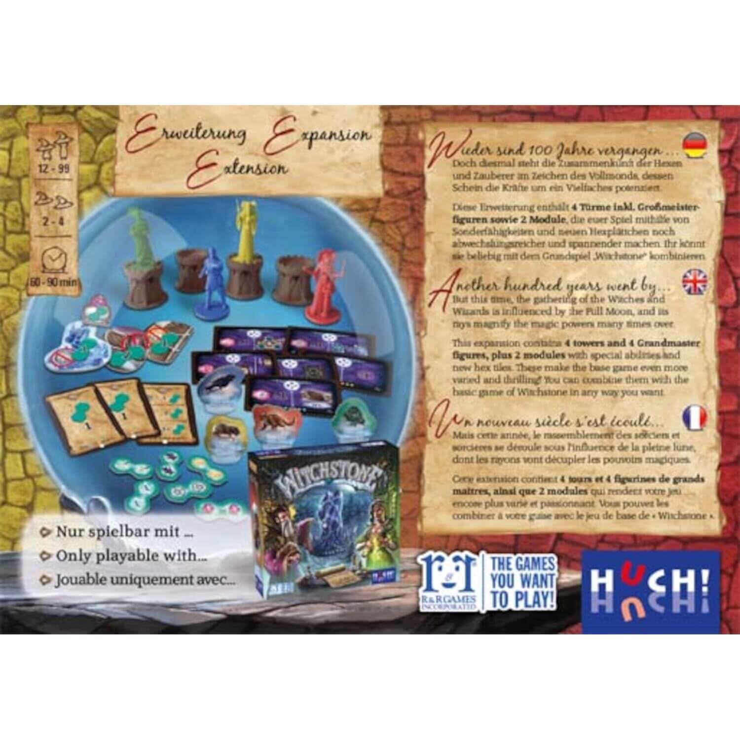 HUCH!, Bundle Witchstone + Erweiterung Full Moon - Strategiespiel und Erweiterung mit 4 Großmeisterfiguren und 2 Modulen, für 2-4 Spieler ab 12 Jahren