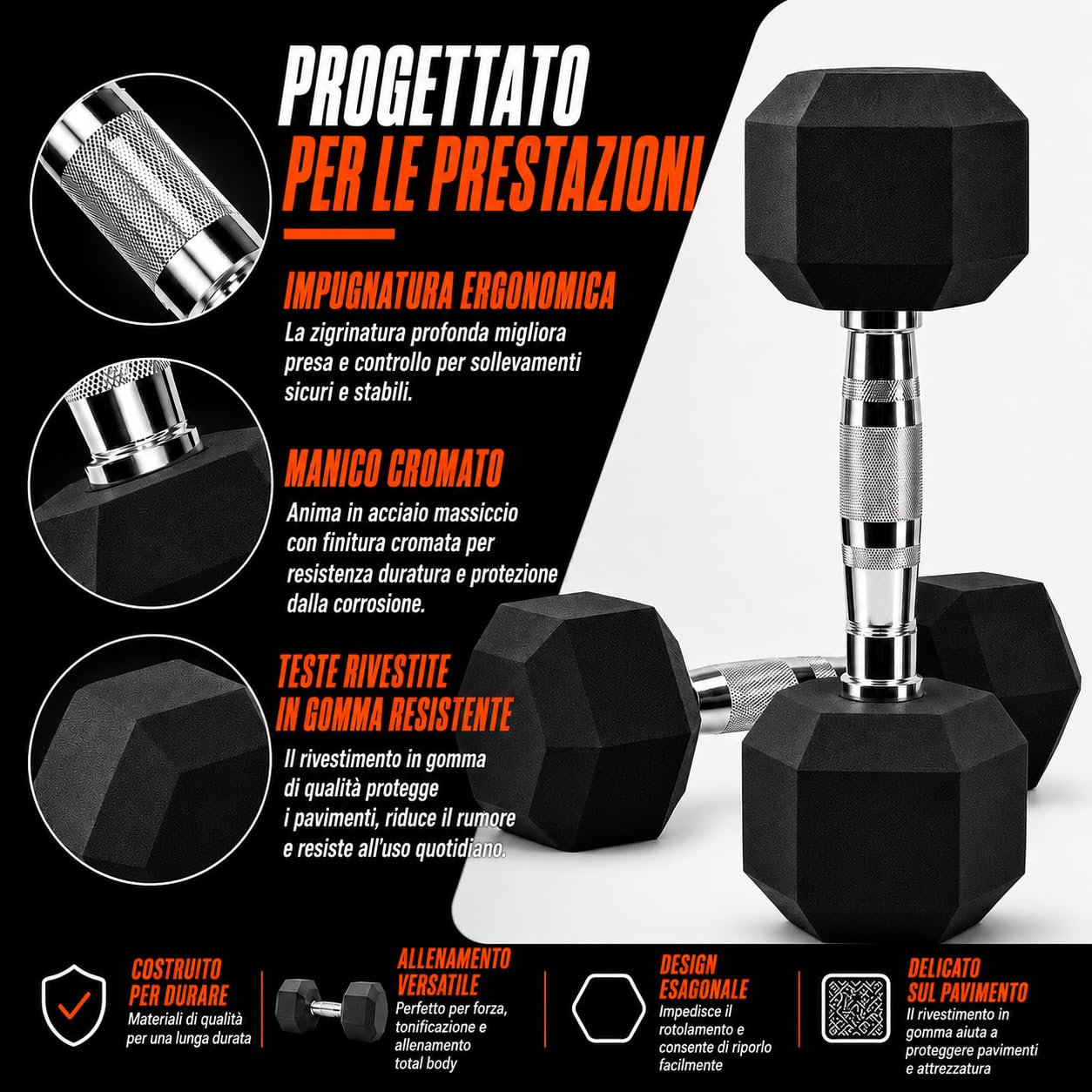 Hexagon NT162 - Set di manubri corti in gomma rivestita, per uomo e donna, 5 kg, 7 kg, 10 kg, 12,5 kg, 15 kg, 20 kg, 25 kg, NT162