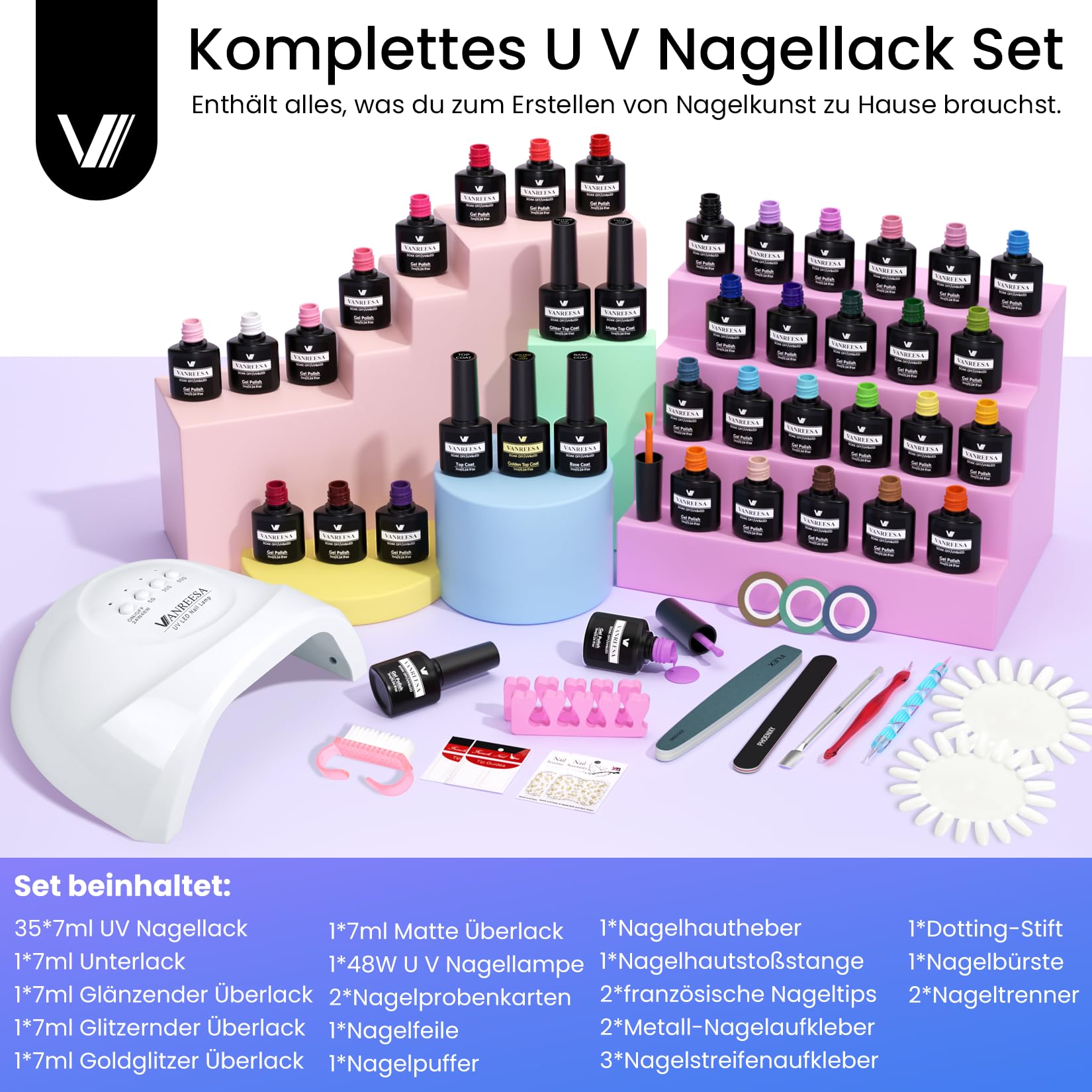 VANREESA Gel Nägel Set, 35 Farben U V Nagellack Set mit 48W U V Lampe für Gelnägel, Nägel Selber Machen Set mit Professionelle Nagelwerkzeuge, Geschenk für Frauen