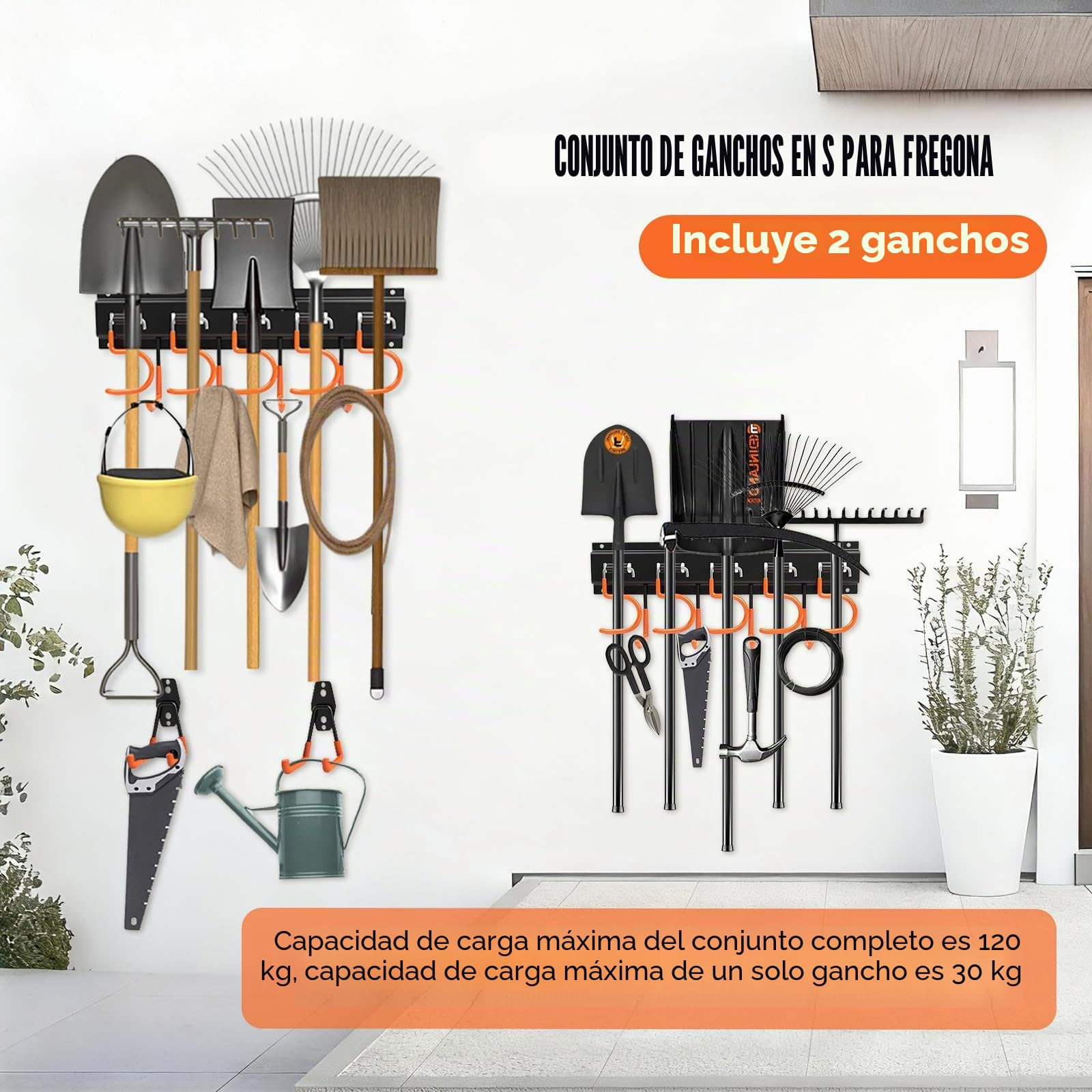 Organizador de Herramientas 4x40.6cm con 20 Ganchos S, 2 Ganchos Dobles, Recubrimiento Antideslizante, Soporte Herramientas para Escoba, Mopa, Pala, Jardín, Garaje, Trastero