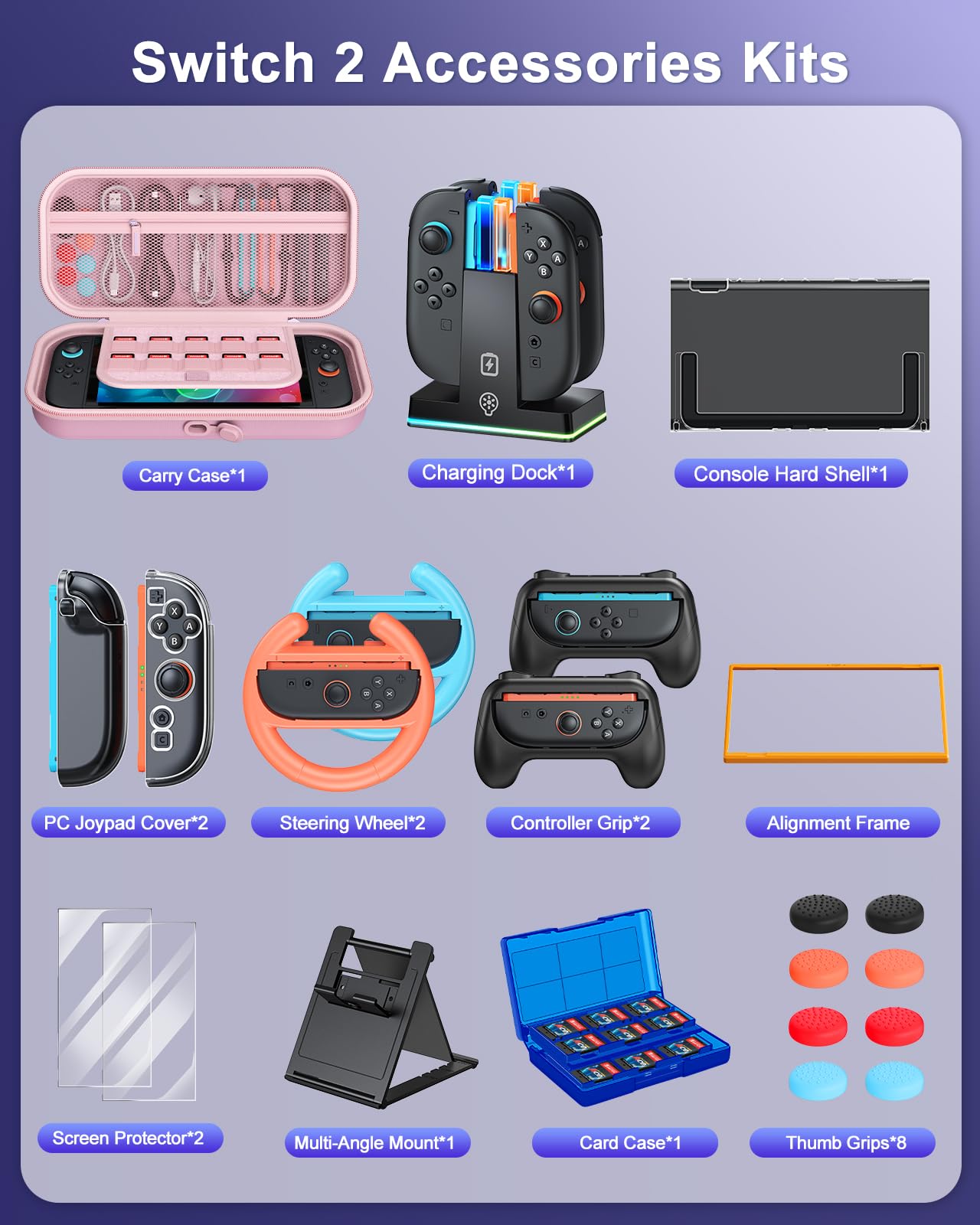 WAXITY Tasche Zubehör Bundle für Nintendo Switch 2, 22-in-1 [Aufladen im Inneren] Reisetasche Tragetasche Set für Switch 2 mit Case, Ladestation, Schutzhülle, Griffe für Joycon (Rosa)