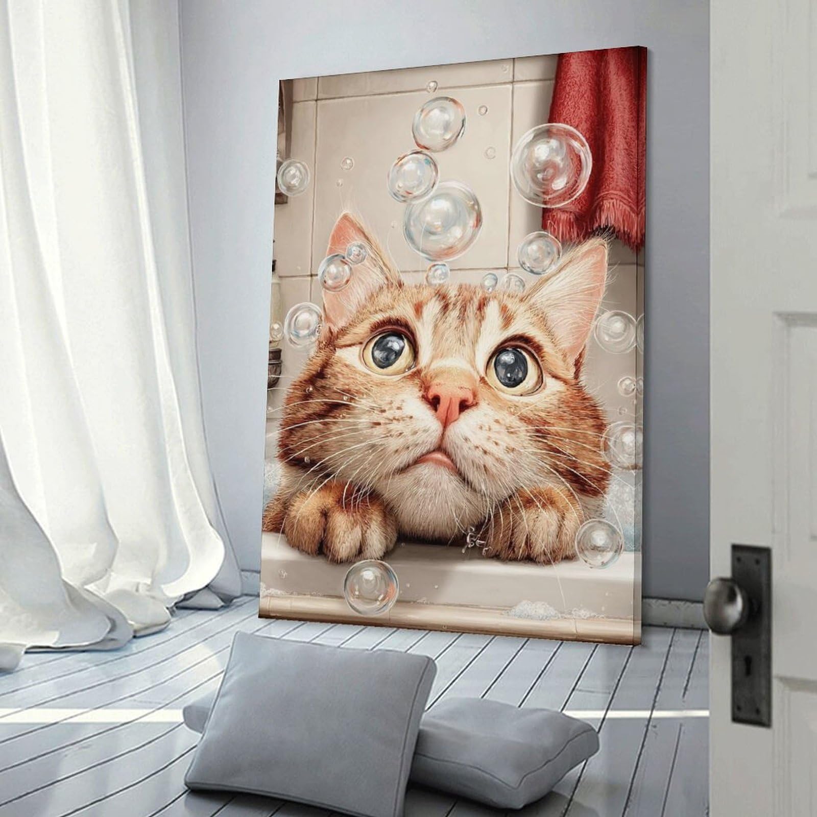 Junmoney Frame-Style-16 Home Decor Wall Art Cat In Tub With Bubbles, 20X30inch(50X75cm), For Bedroom Decor, Cosy Corners Or Studios, Decorative Wall Art For Cosy Rooms