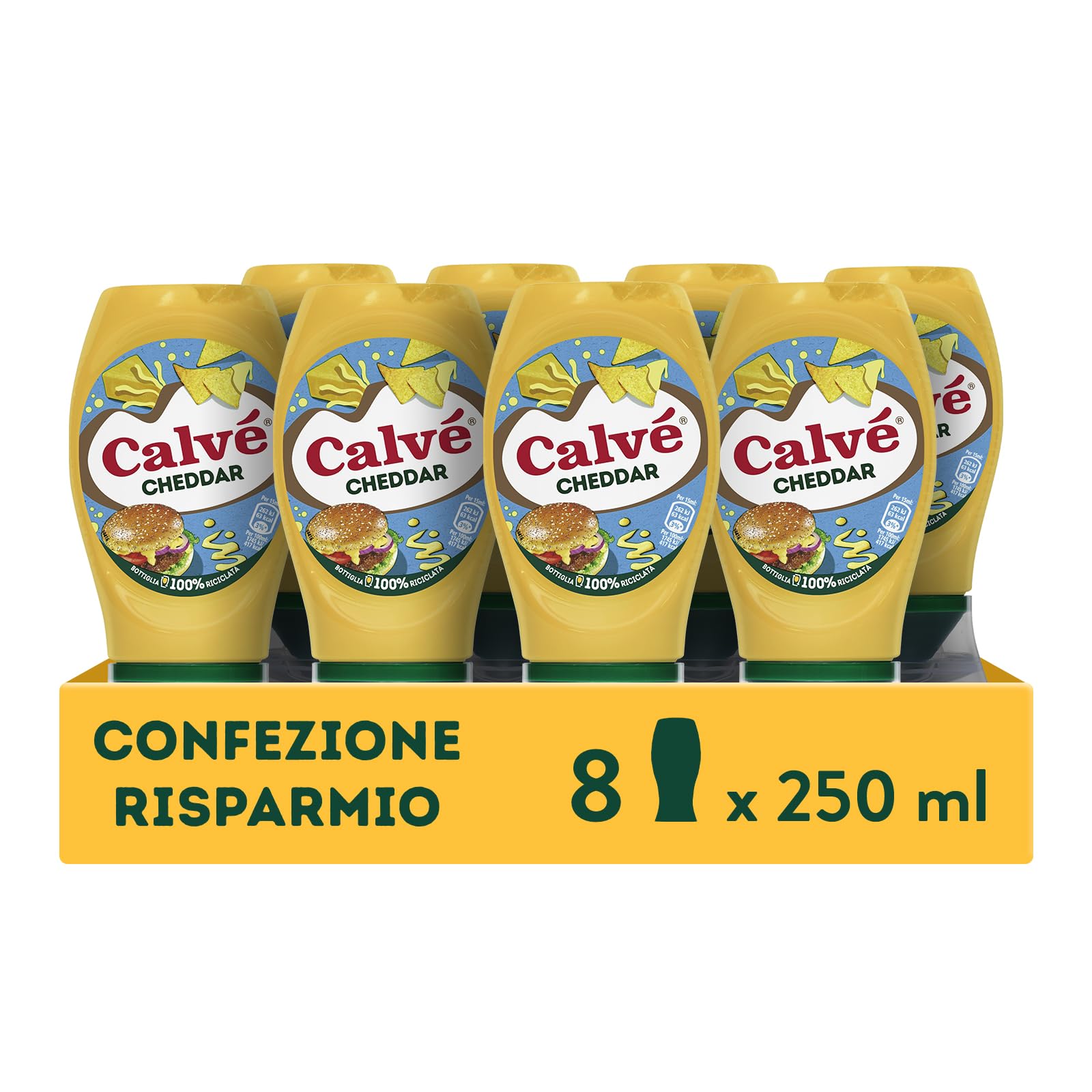Calvé Salsa Cheddar, 8 Pezzi da 250 ml, Salsa Cheddar Calvé con Ingredienti di Prima Qualità, Ideale per Hamburger e Patatine, Nachos e Altri Snack, Bottiglia 100% Riciclata