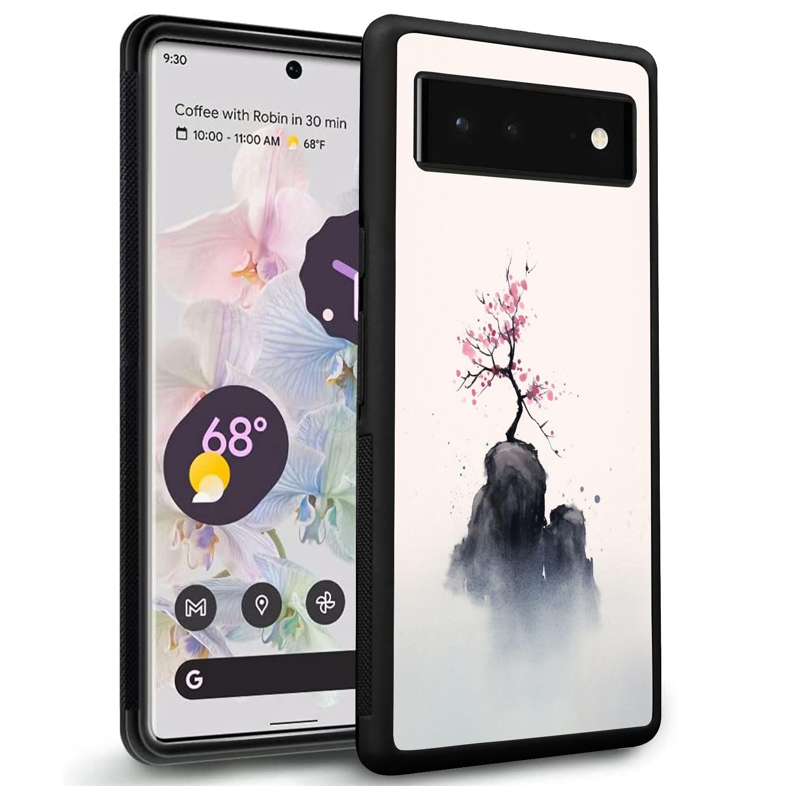 SHENCANG BLUE Case for Google Pixel 6 Sakura Designer Art087, Black Anti-Scratch Shockproof Slim Rubber Frame Mobile Cellphone Smartphone Case