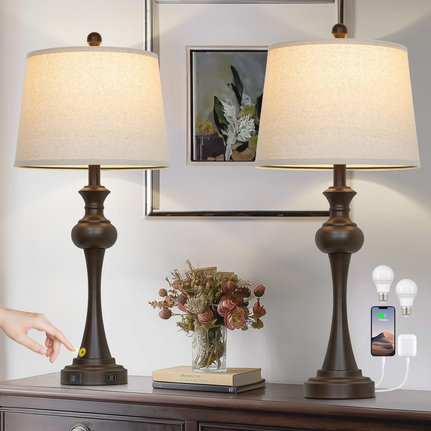 29" Brown Table Lamps Set of 2, Tall Bedside Lamps with USB C+A Ports, 3-Way Dimmable Touch Table Lamp, Nightstand Lamps for Bedroom,Modern Brown Lamps with Beige Lampshade, Bulbs Included Brown-Set of 2