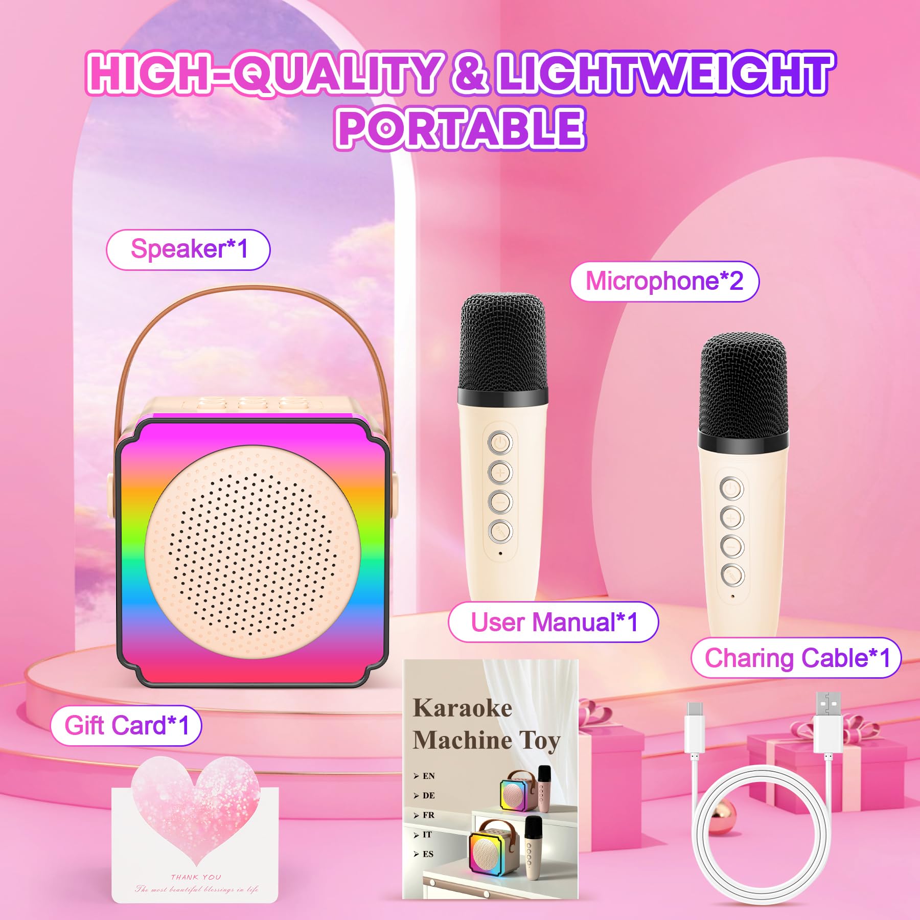 Gontence Karaoke per Bambini, Giocattolo Regalo Bambina 3-12 Anni, Karaoke con Microfono Bluetooth, Carta regalo, Luci LED, Effetti di Cambio Voce, Microfono Karaoke Regalo Giochi Bambina 3-15 Anni