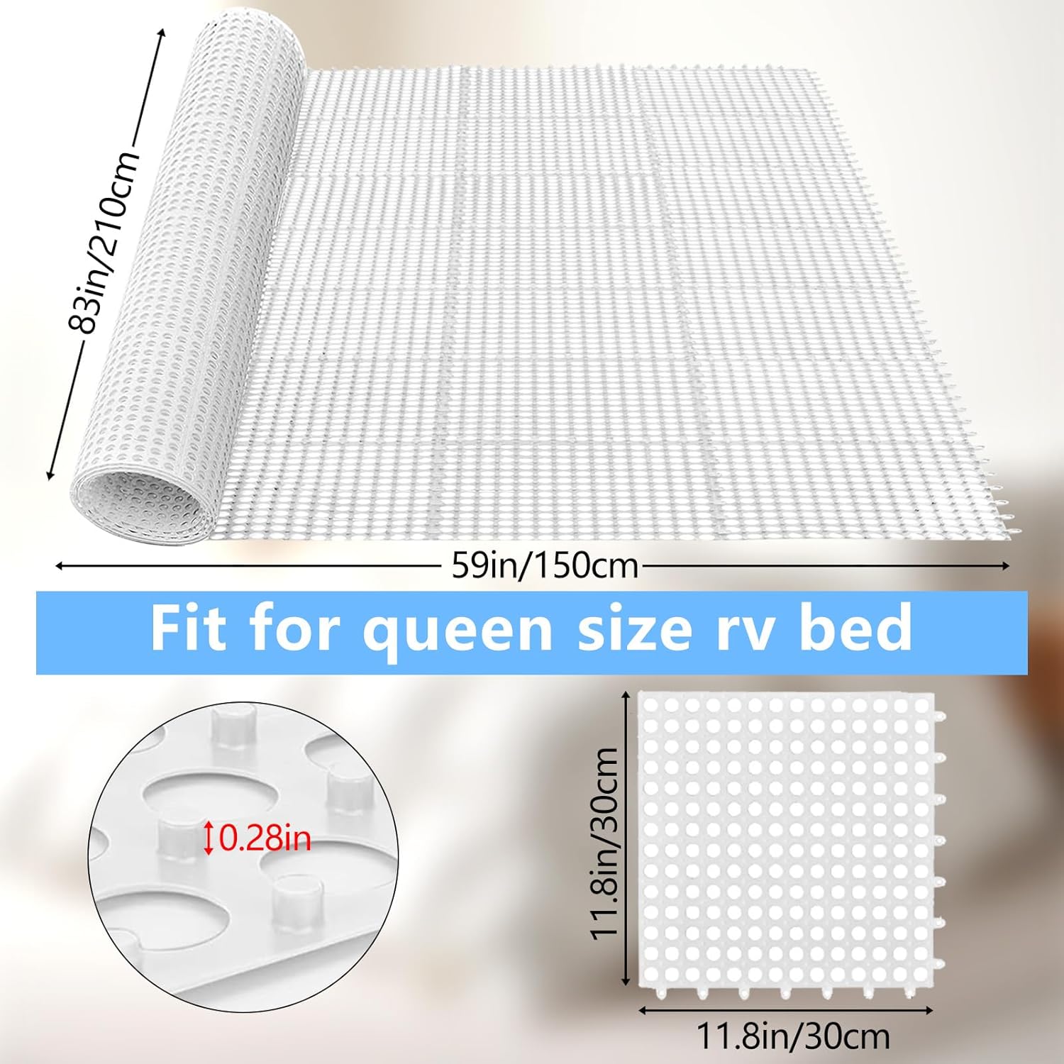 Plastic Ventilated Mattress Underlay Pad for RV Boat Camper - 83" L x 83" W Interlocking Modular Design, Breathable Mesh RV Under Mattress Ventilation Air-Flow (White 49Pcs)