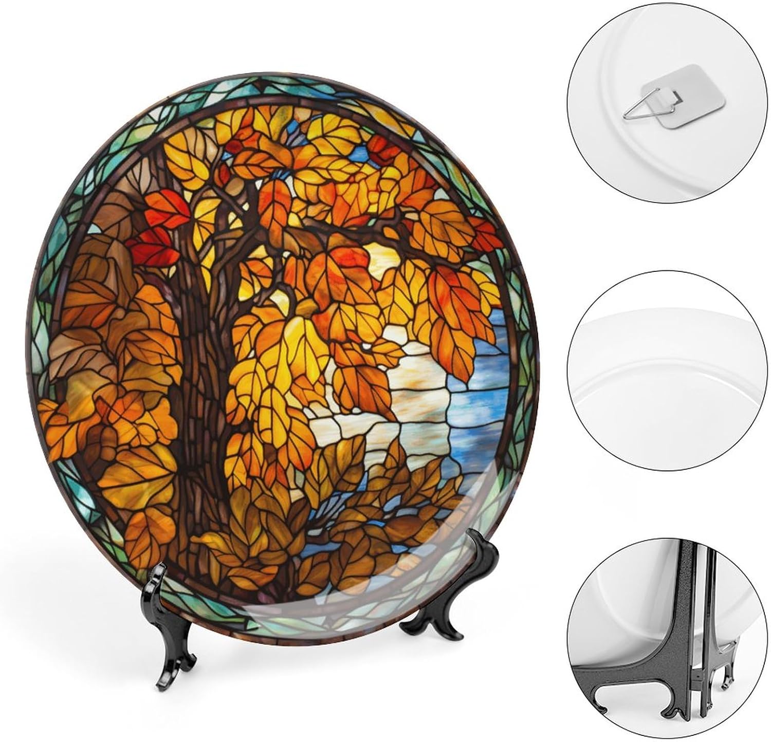 Autumn Decorative Plates, Stained Glass Design Autumn Tree Display Plate for Home Office Kitchen Table Decor Porcelain Plates 7 Inch, Thanksgiving Gifts
