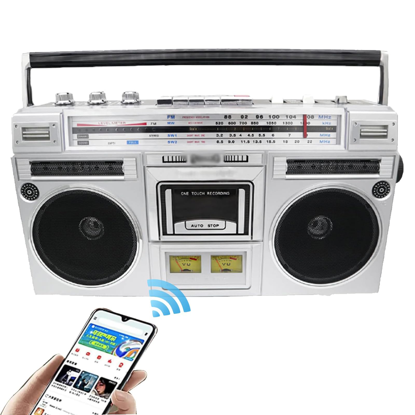 Reproductor CD Retro CláSico Los 80, Radiocasete PortáTil con Radio AM/FM Y Bluetooth, Compatible con Entrada SD/USB, Grabadora Casete para Reuniones Familiares, Viajes, Baile Callejero,Silver
