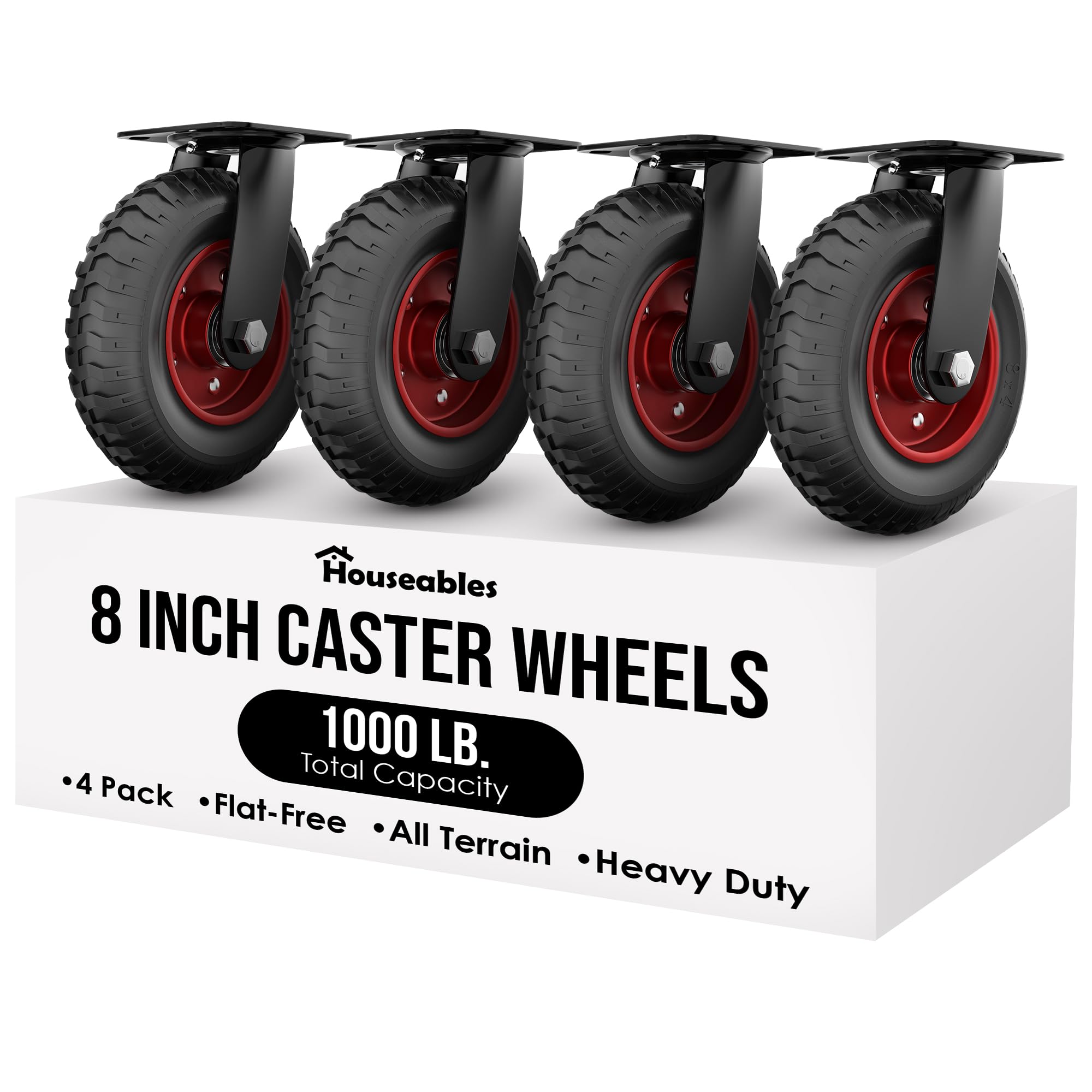 Photo 1 of Houseables 8 Inch Caster Wheels, Rubber Wheels, Outdoor Casters, Heavy Duty, Large, Swivel, for Cart, Off Road, Offroad, All Terrain, Flat Free Tire, No Flat, Industrial, Castor, Dolly, Coop, Set of 4