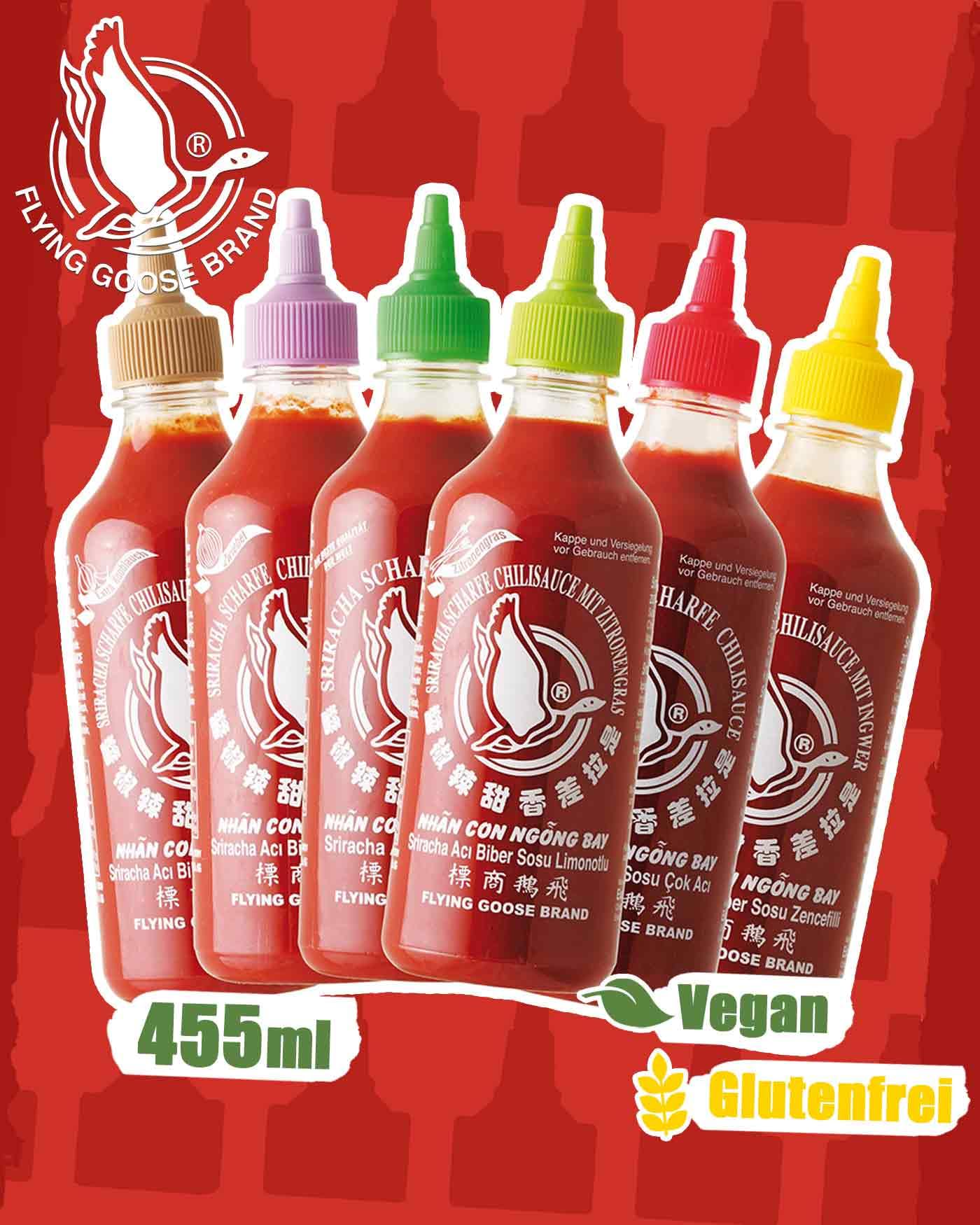 FLYING GOOSE Sriracha Chilisaucen Mischkarton 6 Geschmacksrichtungen 6 x 455ml Multipackung