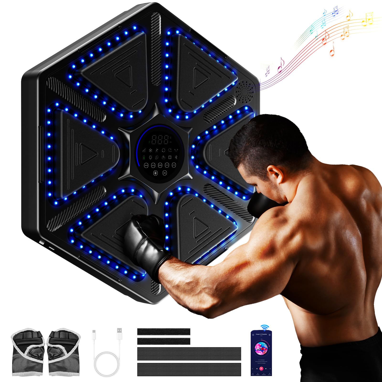 Machine De Boxe Musicale Avec LED Et Bluetooth – Pad Mural En PU, Gants Inclus, Vitesse Réglable, 9 Niveaux