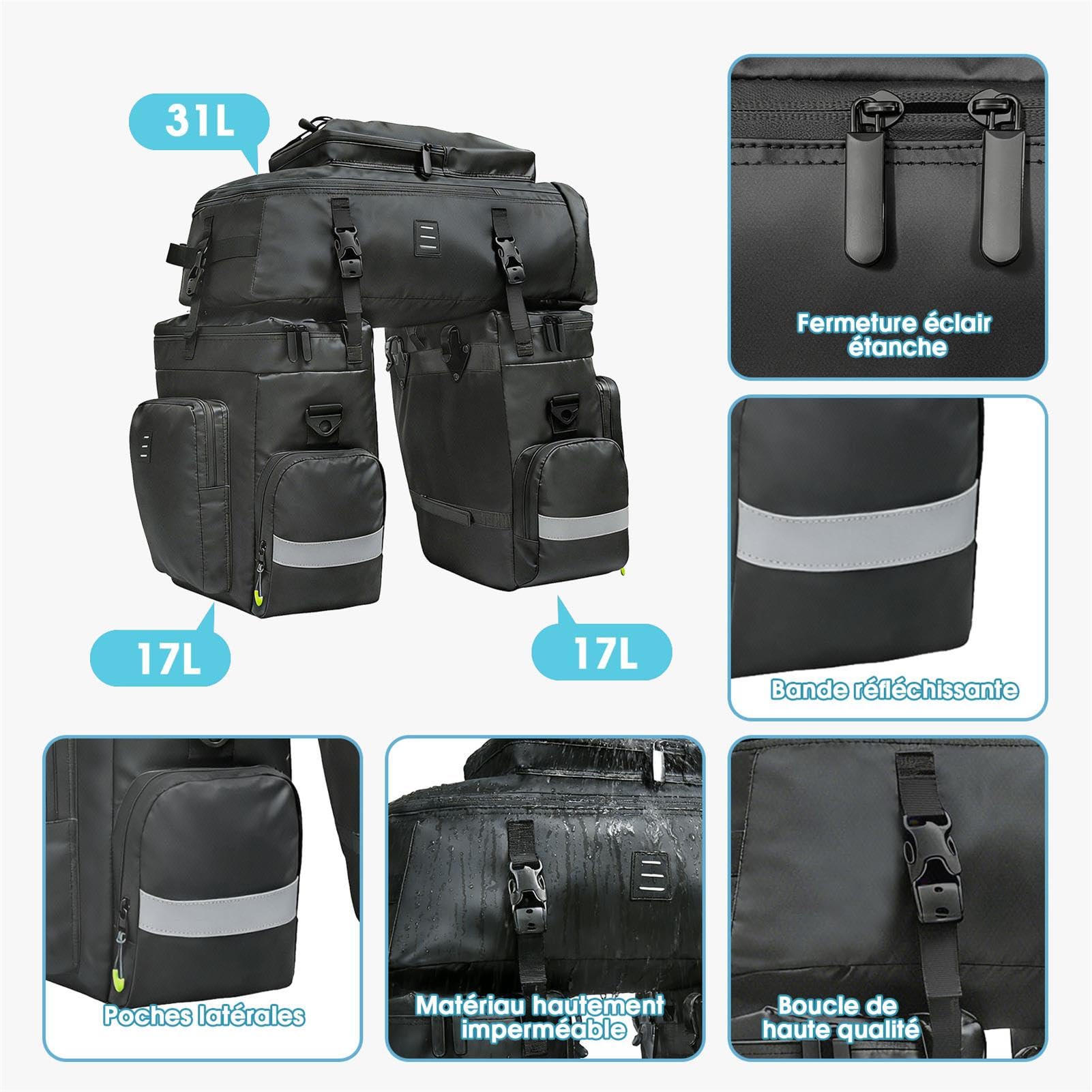 Sacoche Velo Porte Bagage Arriere, Sacoche Vélo 3 en 1 Multifonctionnel Étanche Grande Capacité Sac Velo avec Housse Imperméable, Sac à Dos pour VTT/Outdoor Voyage/Sport