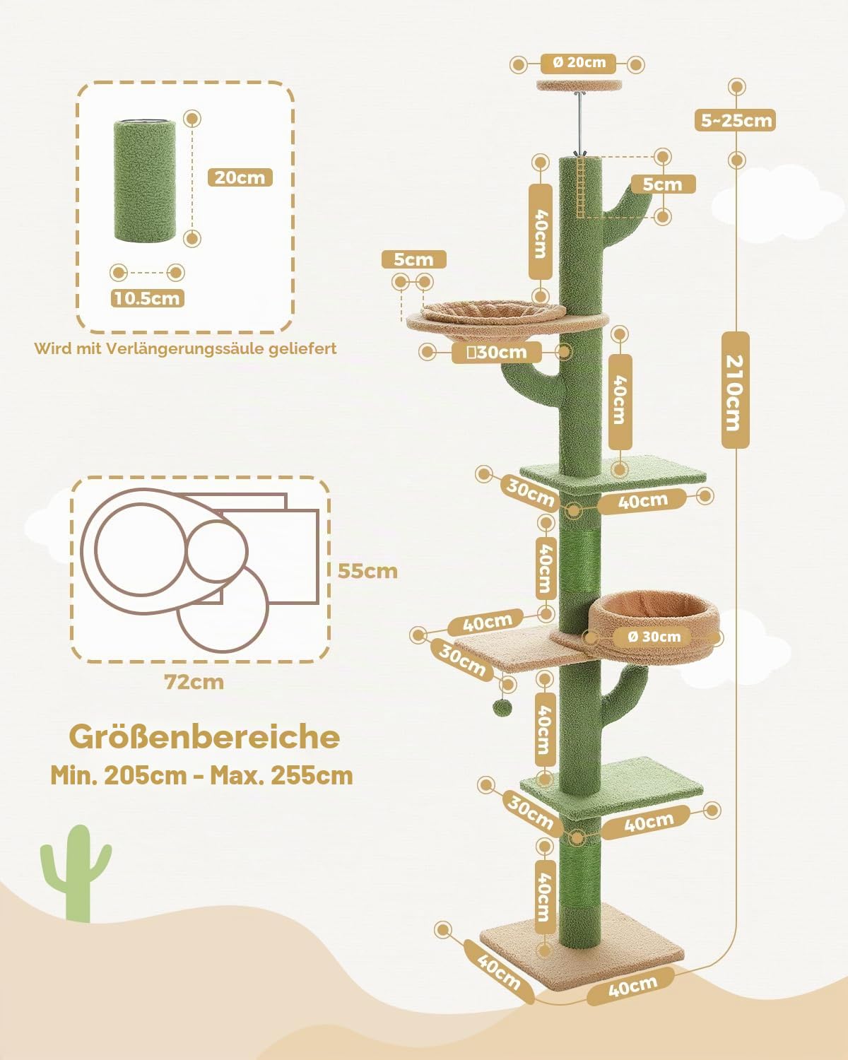 PAWZ Road Kaktus-Katzenbaum mit 5 geräumigen Plattformen, 10,5 cm dicken Kratzstämmen, austauschbare Hängematte und baumelnde Bälle für Indoor-Katzen, verstellbar