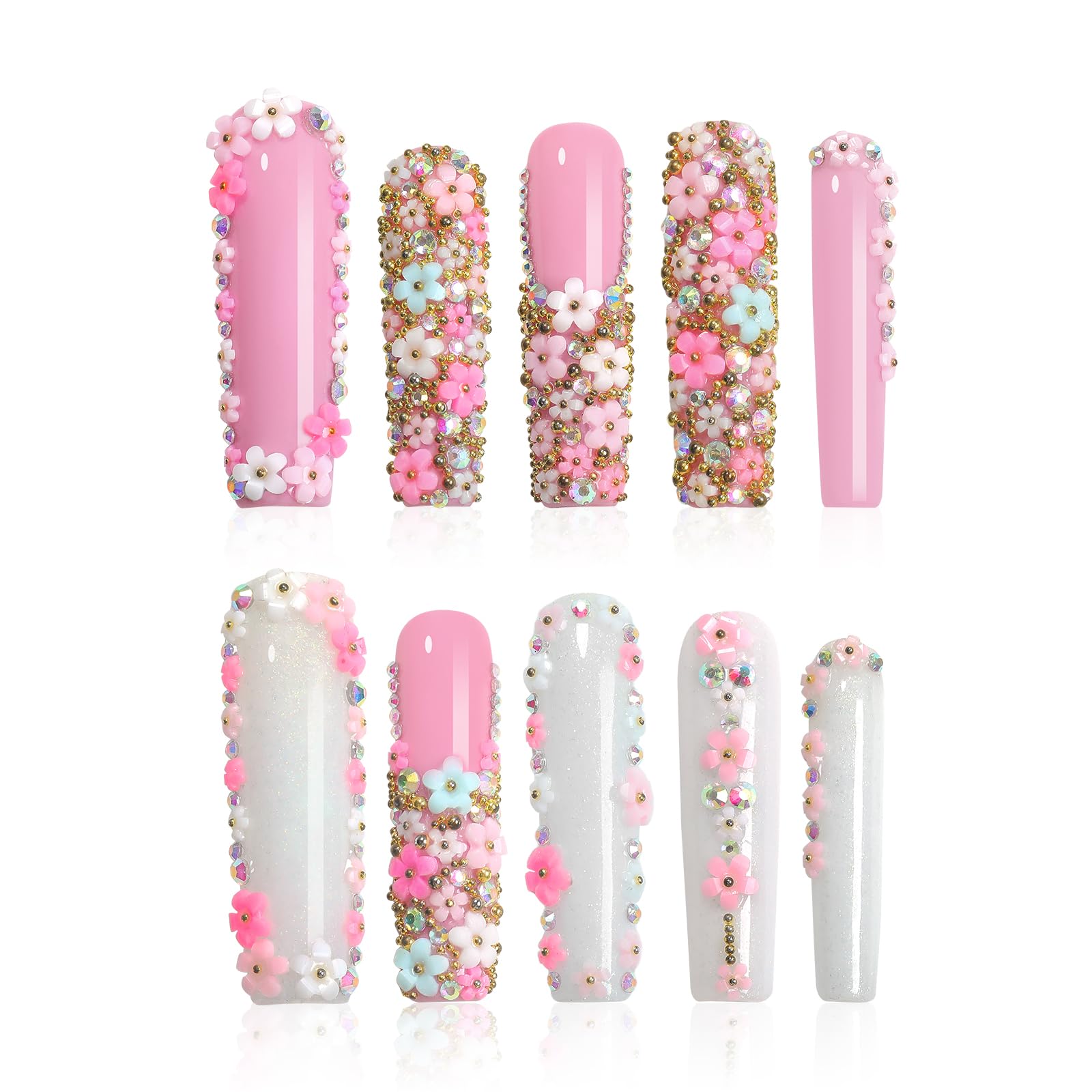 HOMSERA Handmade Press On Nails Luxury Rhinestone Décor long Coffin, Flowers Pink Nails Glossy Stick on Nails Full Elegant Sexy Style For Women