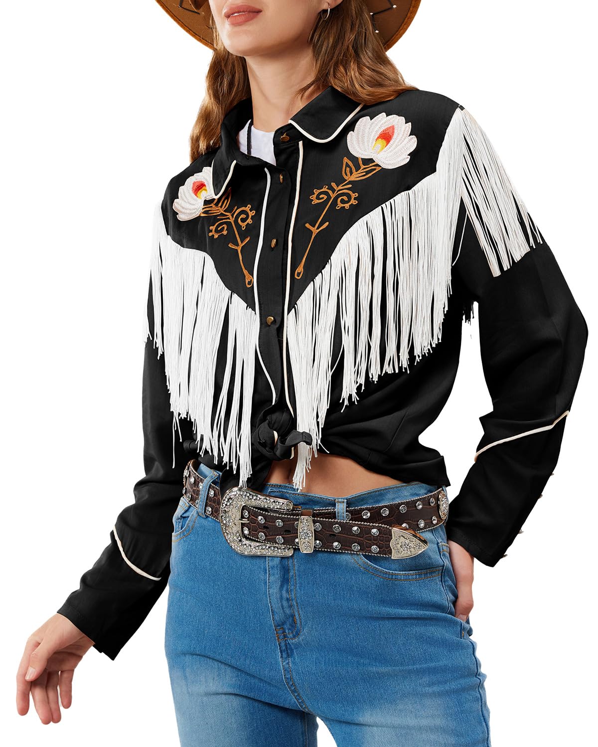 JOHN MOON Women's Floral Embroidered Fringe Western Shirts Rodeo Cowgirl Button Down Blouse Tops Country Style Outfits