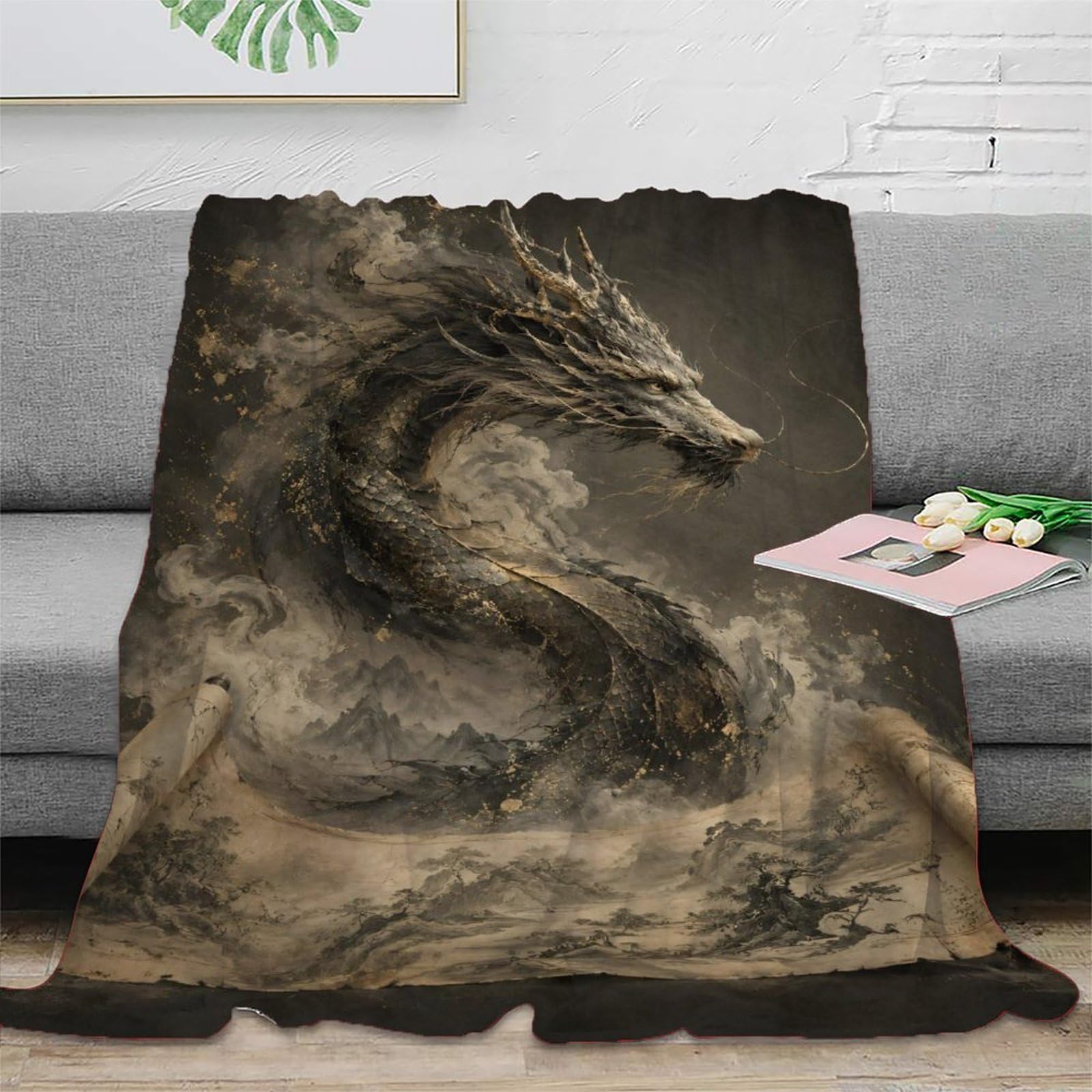 H3B8U2Y5 Dragon Emerging from Scroll Blanket, Flannel, Mythical Dragon Art