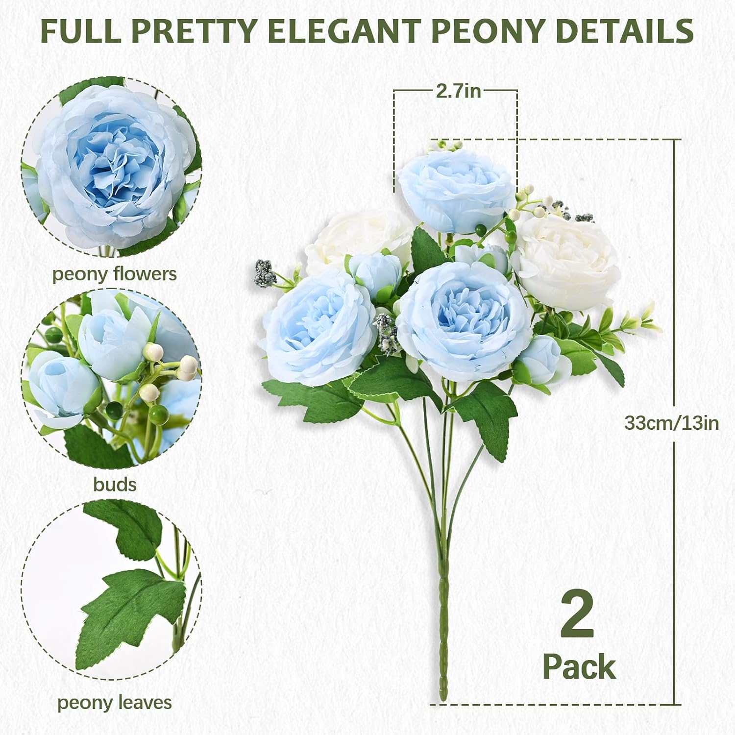 8 Packs Peonies Artificial Flowers Mixed White Blue Silk Artificial Peonies