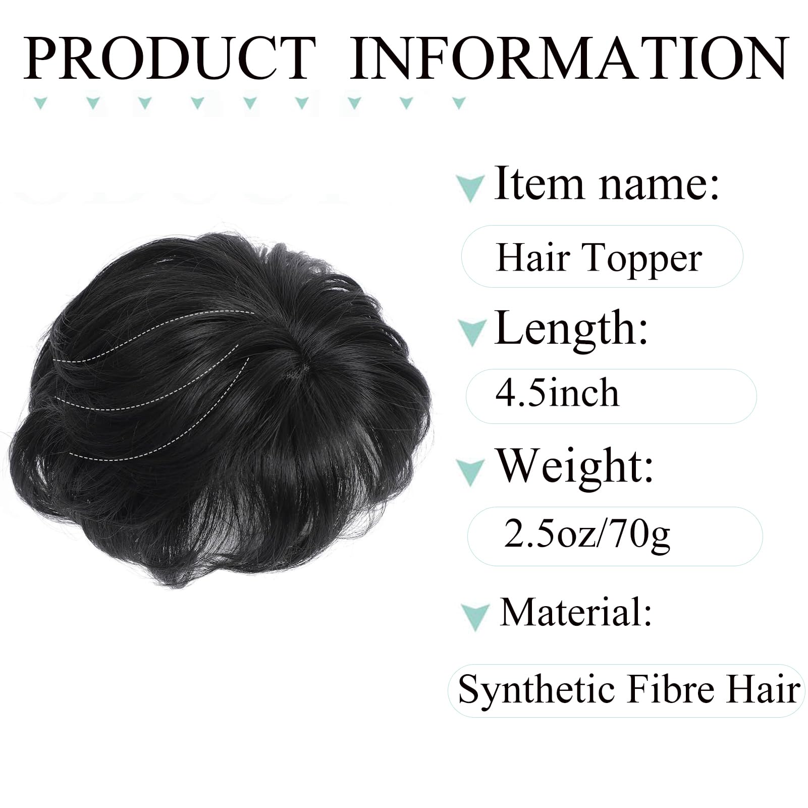 Hair Topper for Women Short Bob with Bangs &Side Part 360° 3D Cover 6.5x6.5 Inches Synthetic Topper Pieces Natural Look Wig for Thinning Grey Hair (Black) - Image 2