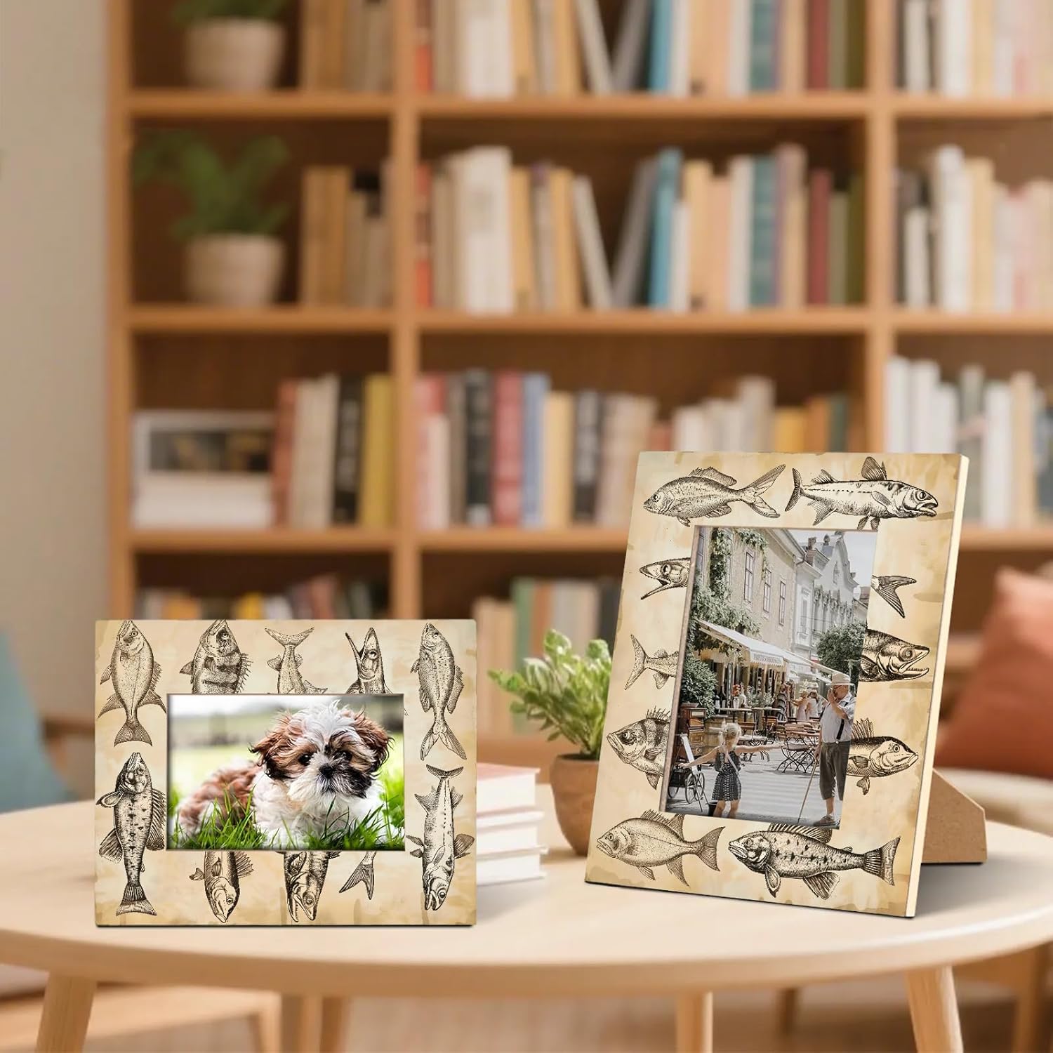 Vintage Fish 8x10 Picture Frame, Fishes Drawing Wood Photo Frame for Wall or Tabletop Display Pictures 5x7 with Mat or 8x10 without Mat