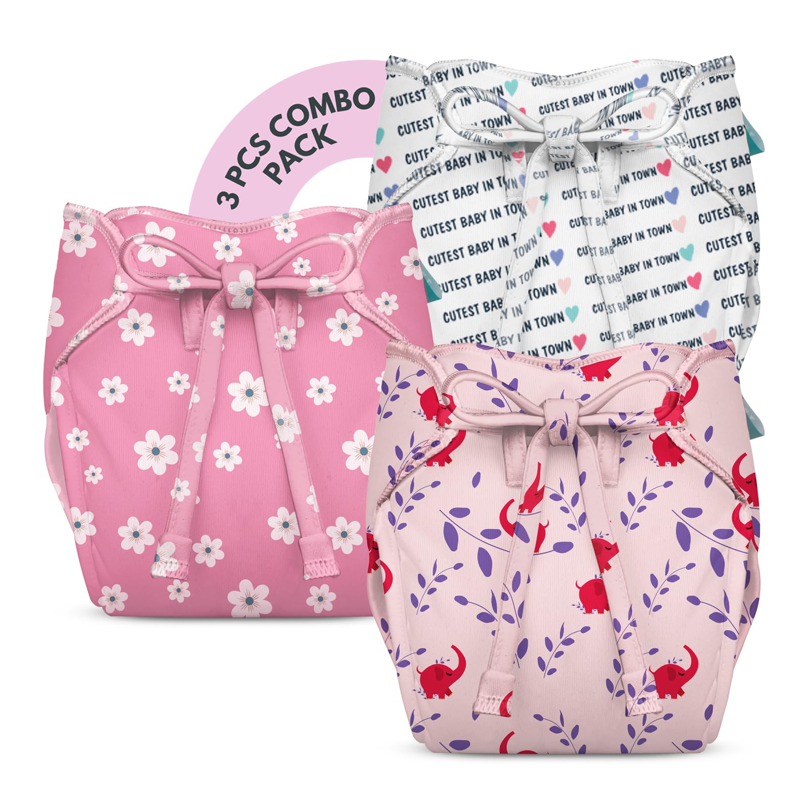 bumberry Smart Nappy Cloth Diaper Combo Of 3 Count With Size Adjustable Band|Reusable Diaper Leak Proof Dry Feel Rash Free Smart Langot For New Born Babies(0-6 Months)Baby Elephant, Cute Baby, Lilies-image-44