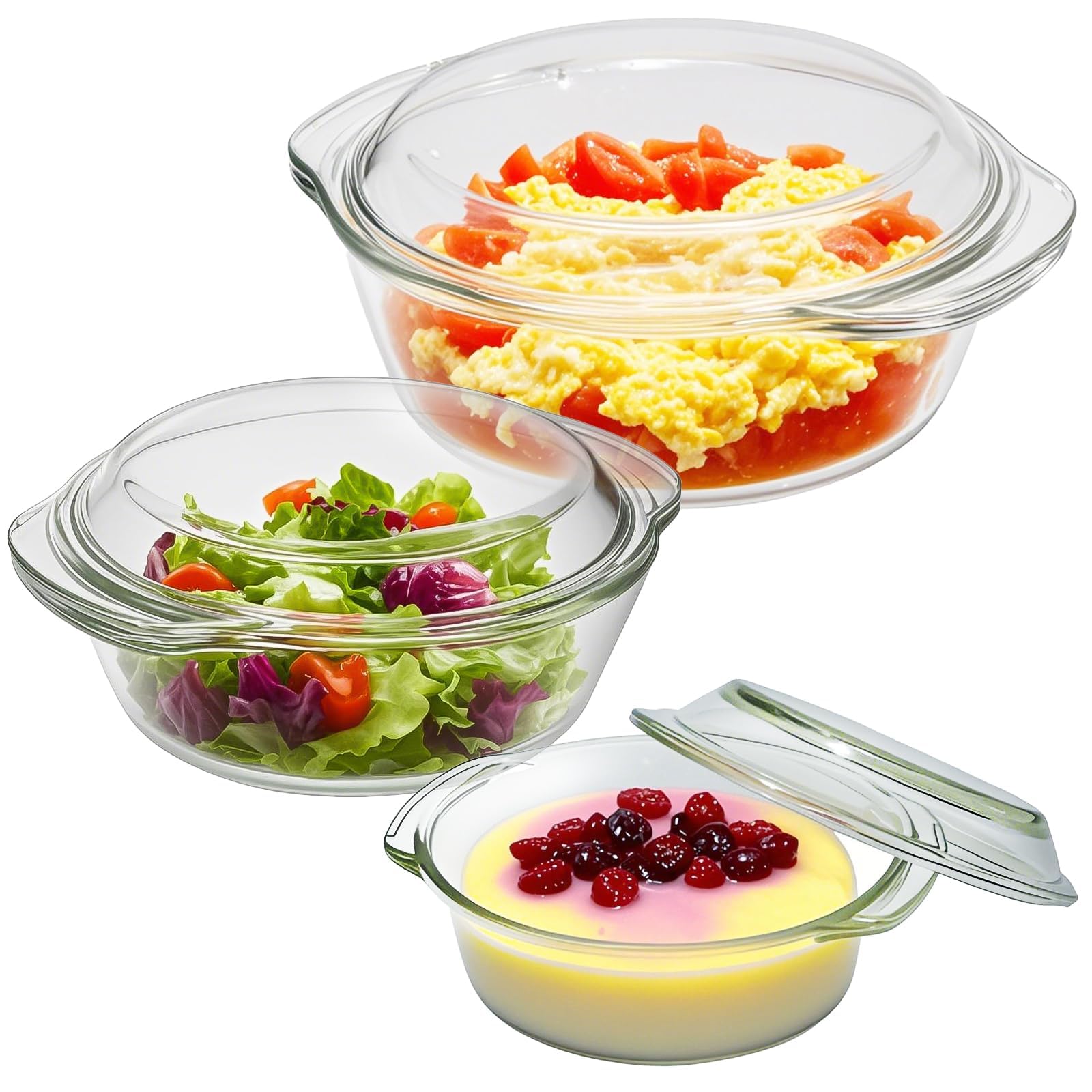 Set di 3 casseruole rotonde in vetro con coperchio, 0,7 L/1,5 L/2 L, piatti per Gratin in vetro borosilicato trasparente, resistenti al forno e alla lavastoviglie, per cucina, servizio e conservazione
