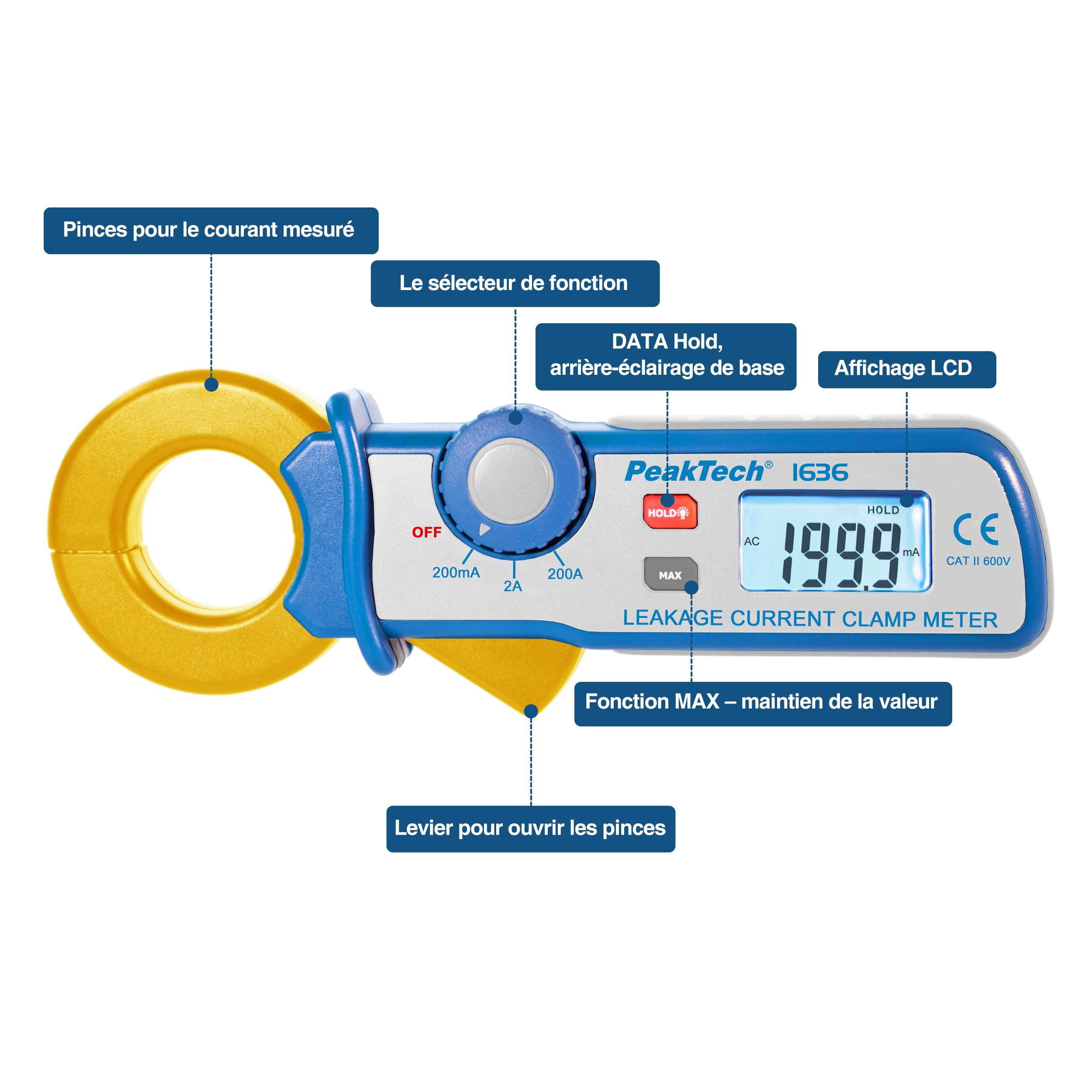 PeakTech 1636 Pince Ampèremétrique de Courant de Fuite AC jusqu’à 200A, Résolution 100 µA, Écran LCD, CAT II 600V, Mesure Précise