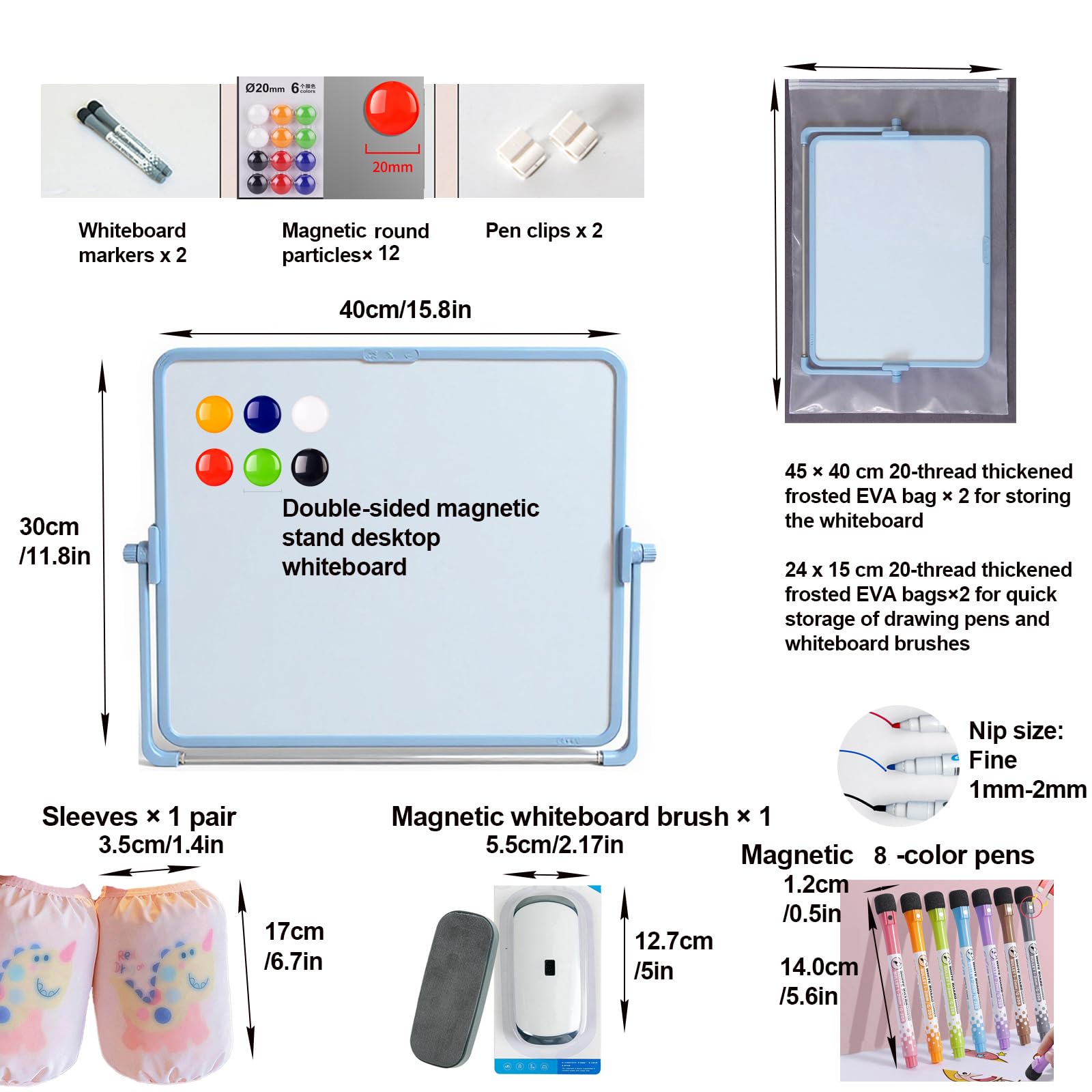 Pizarra blanca magnética A3 30x40 cm doble cara con soporte y 8 rotuladores kit completo para niños y oficina bolsa EVA portátil anti-manchas,Superficie anti-fantasma,Imanes,Marco ABS duradero,Cepillo