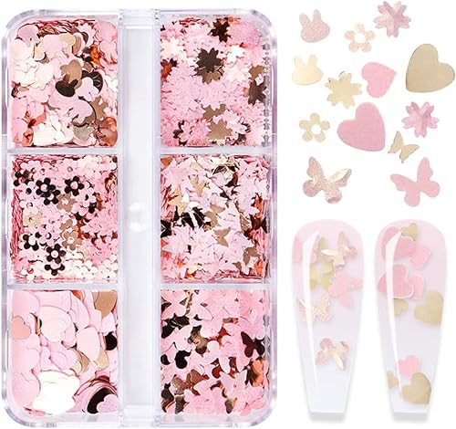 Calcomanías de arte de uñas para el día de San Valentín calcomanías de corazón rosa y dorado con purpurina lentejuelas brillantes flores y conejos