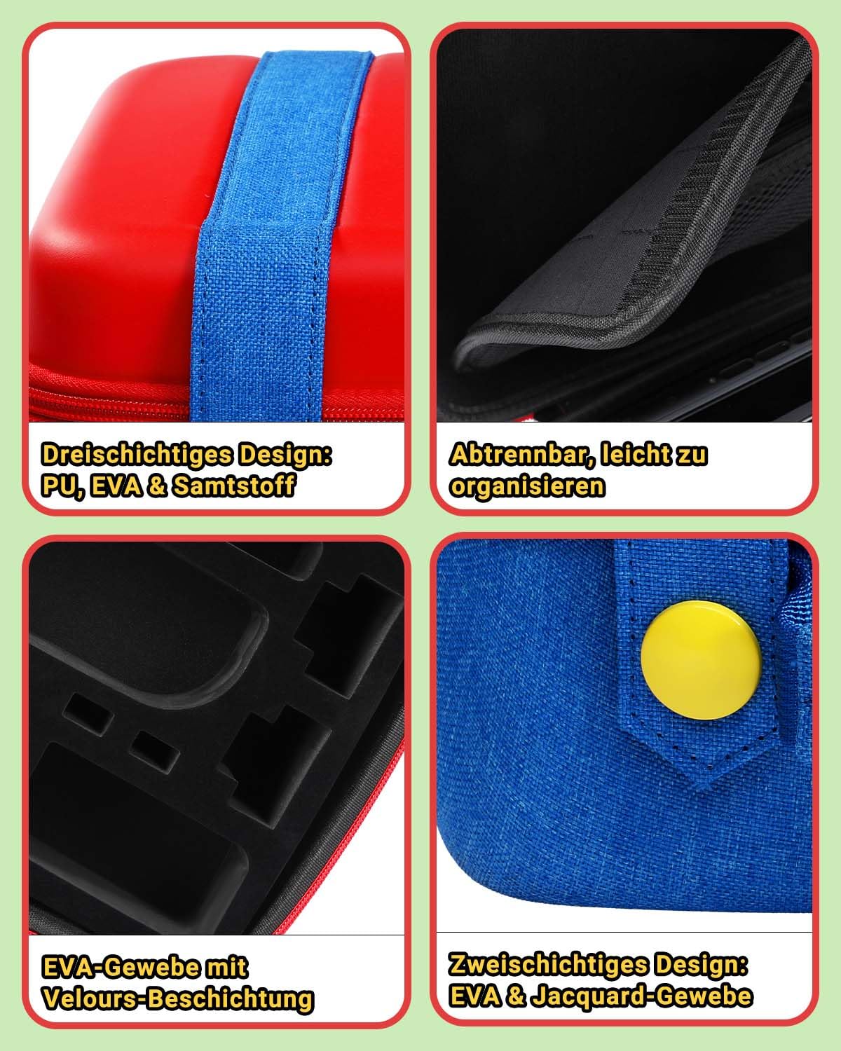 All in One Switch 2 Tasche Niedlich Kompatibel mit Nintendo Switch 2, Tragbare Hartschalen Tragetasche für Zubehör und Spielkarten, Schutzhülle Hülle Case für Konsole Pro Controller Dock,Rot Blau Groß
