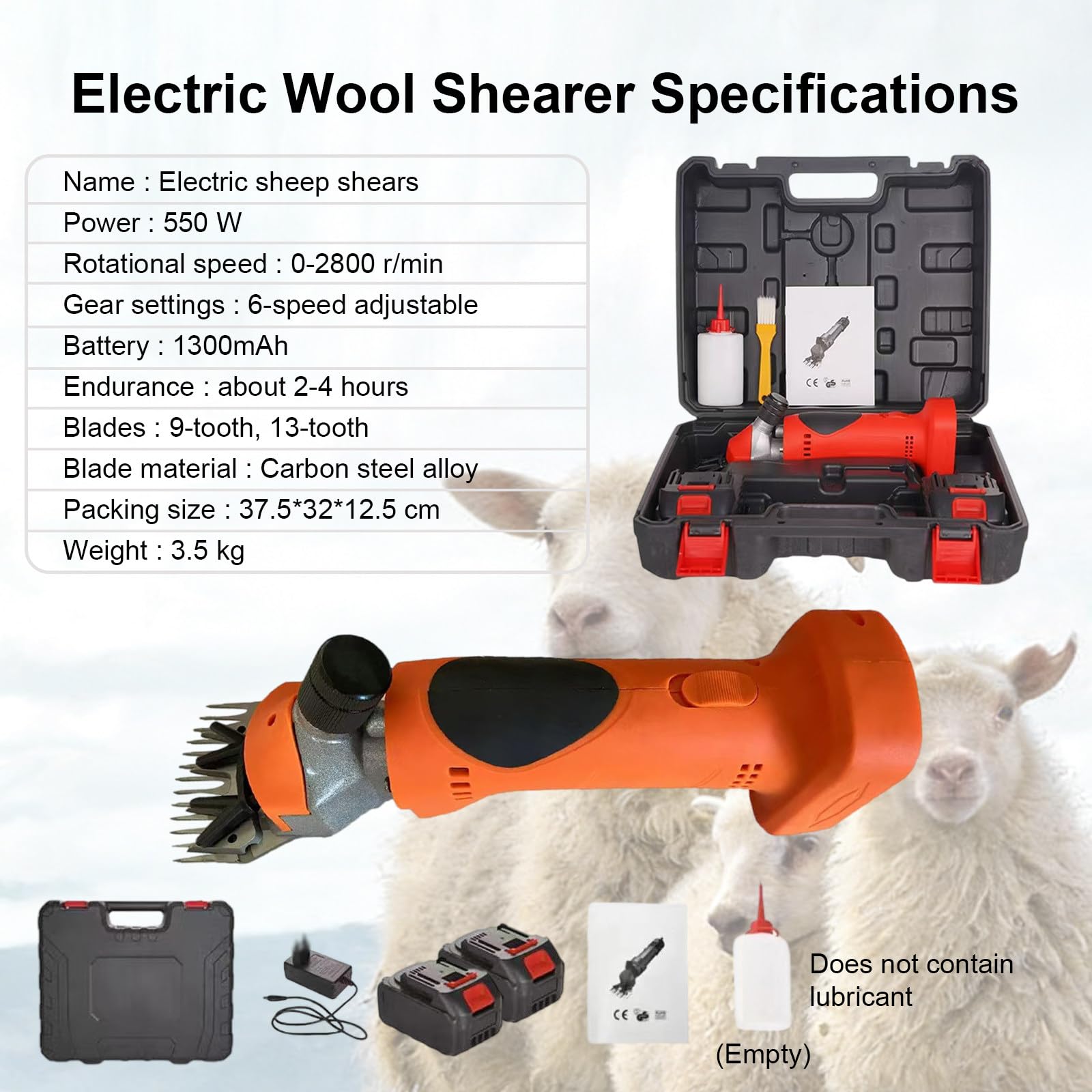 Tosatrice Elettrica per Pecore,Tosatrice Portatile Ricaricabile per Pecore,Capre,Bovini,Kit per La Toelettatura del Bestiame per Agricoltori E Allevatori,A 6 velocità Orange-2Batteries