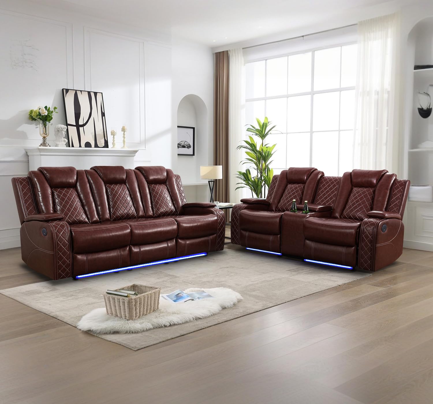 Caberryne Leather Recliner Sofa Set with LED Lights,Power Reclining Sofa and Loveseat Set with USB Port/Cup Holder for Living Room/House/Home Theater(