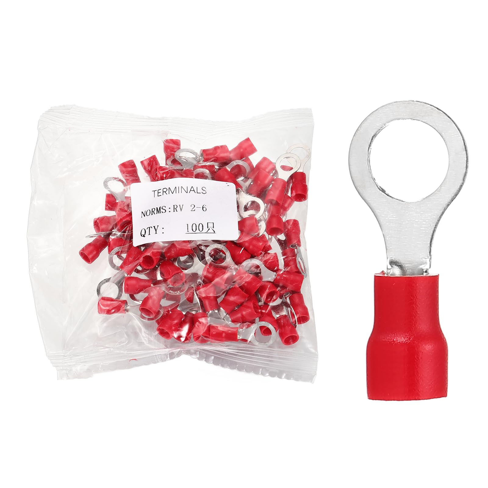 sourcing map 100pcs Terminals Ring Connectors #1/4" Tinned Copper Insulated Ring Crimp Terminals 16-14 Gauge for Electrical Industrial Chemical Project, Red