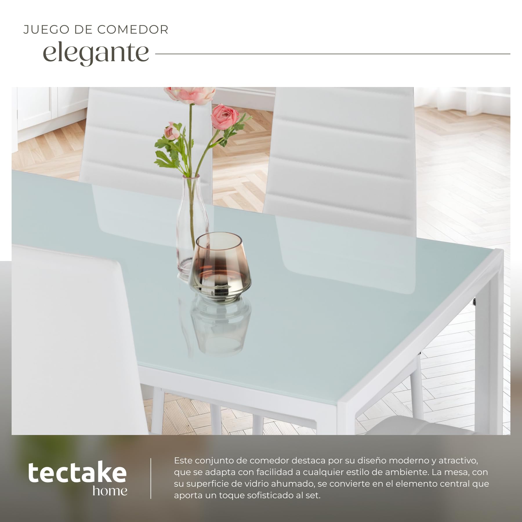 tectake® Conjunto de Mesa y 6 Sillas de Comedor, Atractivo Diseño, Alto Confort, Tablero de Vidrio, Sillas Comedor Modernas, Sillas de Cocina, Muebles Salon Modernos - Blanco/Blanco