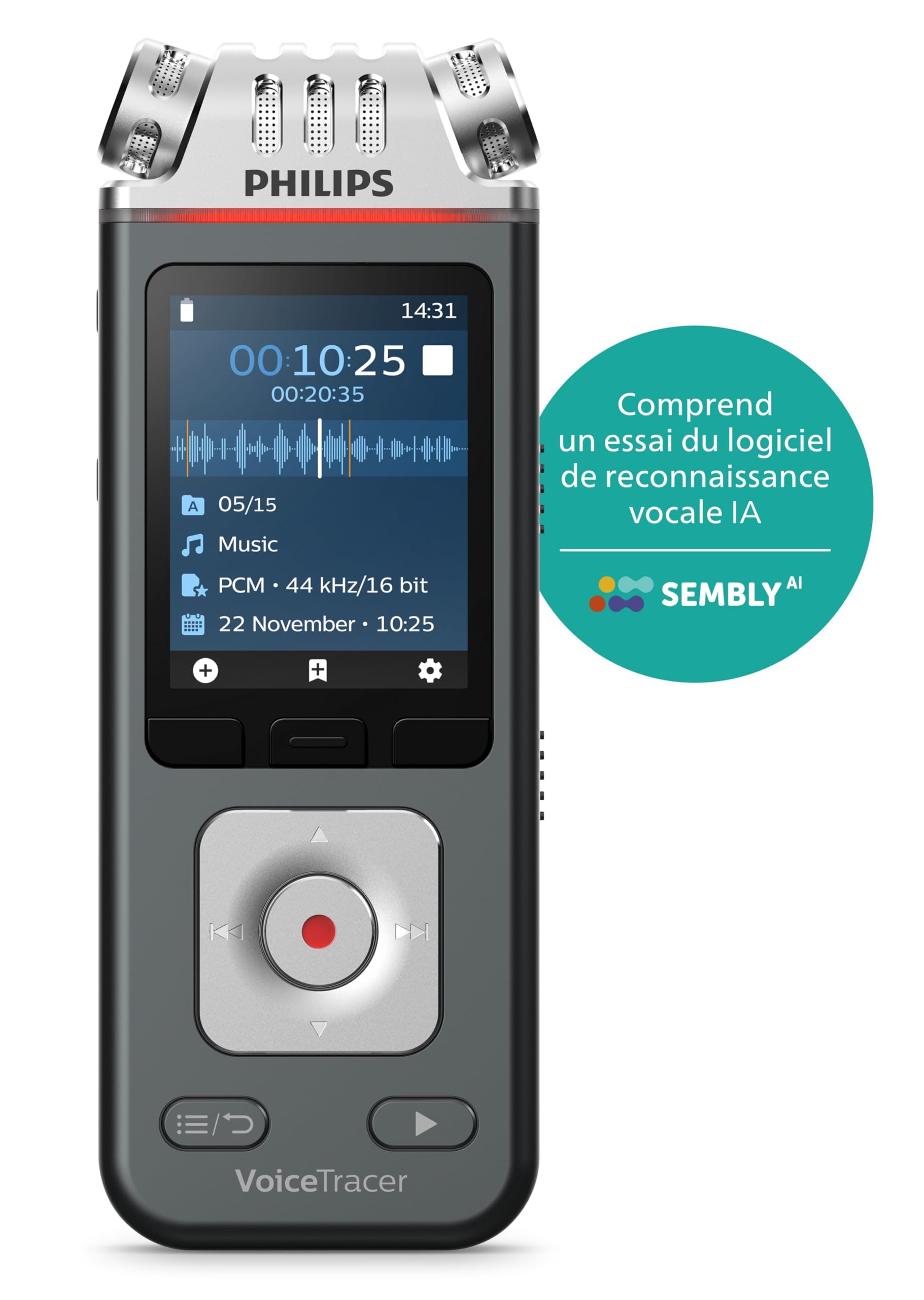 Philips VoiceTracer DVT6115 Enregistreur Vocal, 8 Go, MP3, 3 Microphones HiFi, Enregistrement Musical. Licence d'essai Sembly AI: Transcription, résumés créés par l'intelligence Artificielle