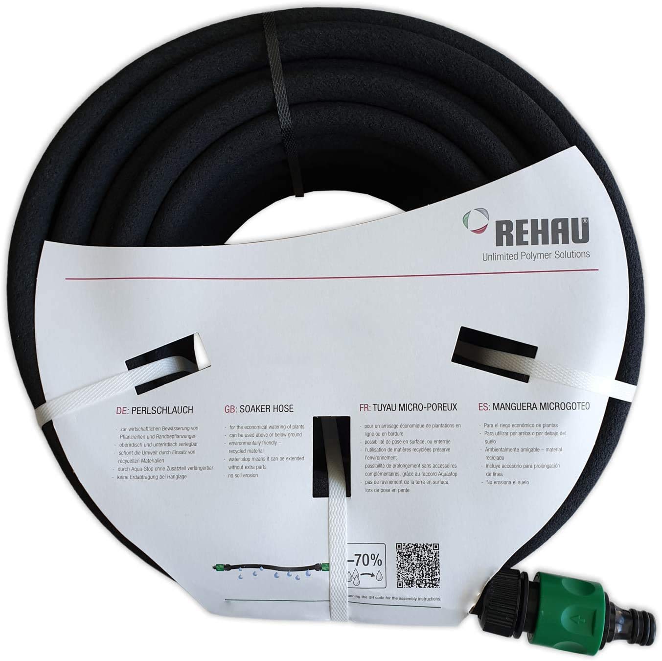 REHAU - Manguera de riego por goteo (50 m, material reciclado, ahorro de agua, riego selectivo de las filas de plantas/bancales, personalizable, con grifos)