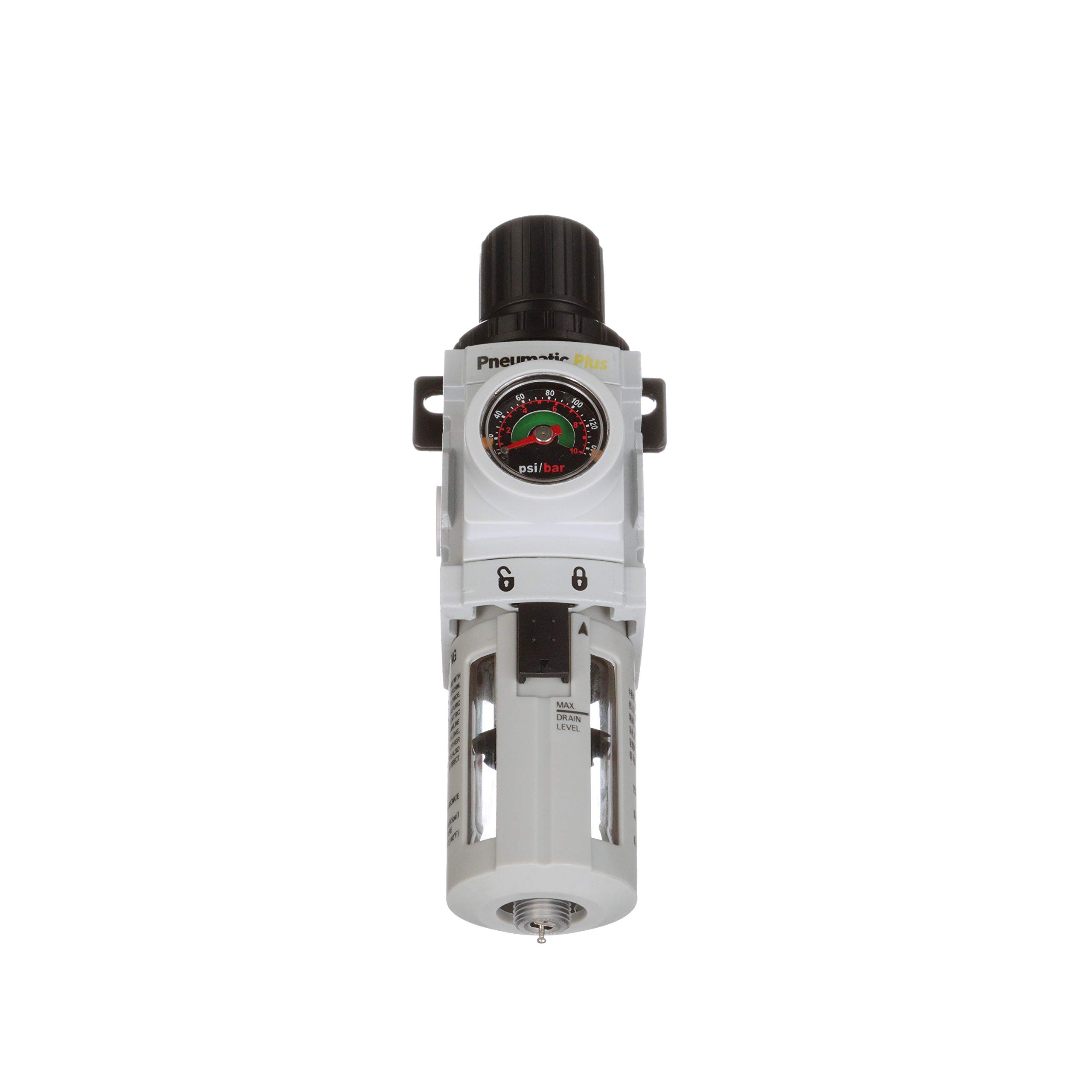 PneumaticPlus PPP2-N02BG Regulador de filtro de aire miniatura Piggyback Combo 1/4" NPT – 5 micras, Cuenco de poliéster, drenaje manual, manómetro incrustado