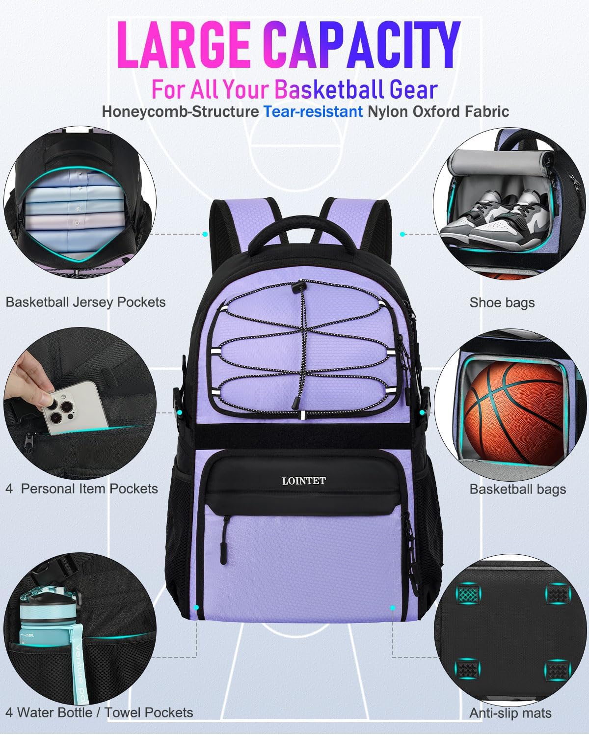Basketball Bag Backpack with Ball Holder Shoes Compartment, Large Basketball Accessories Sports Bag - Image 4