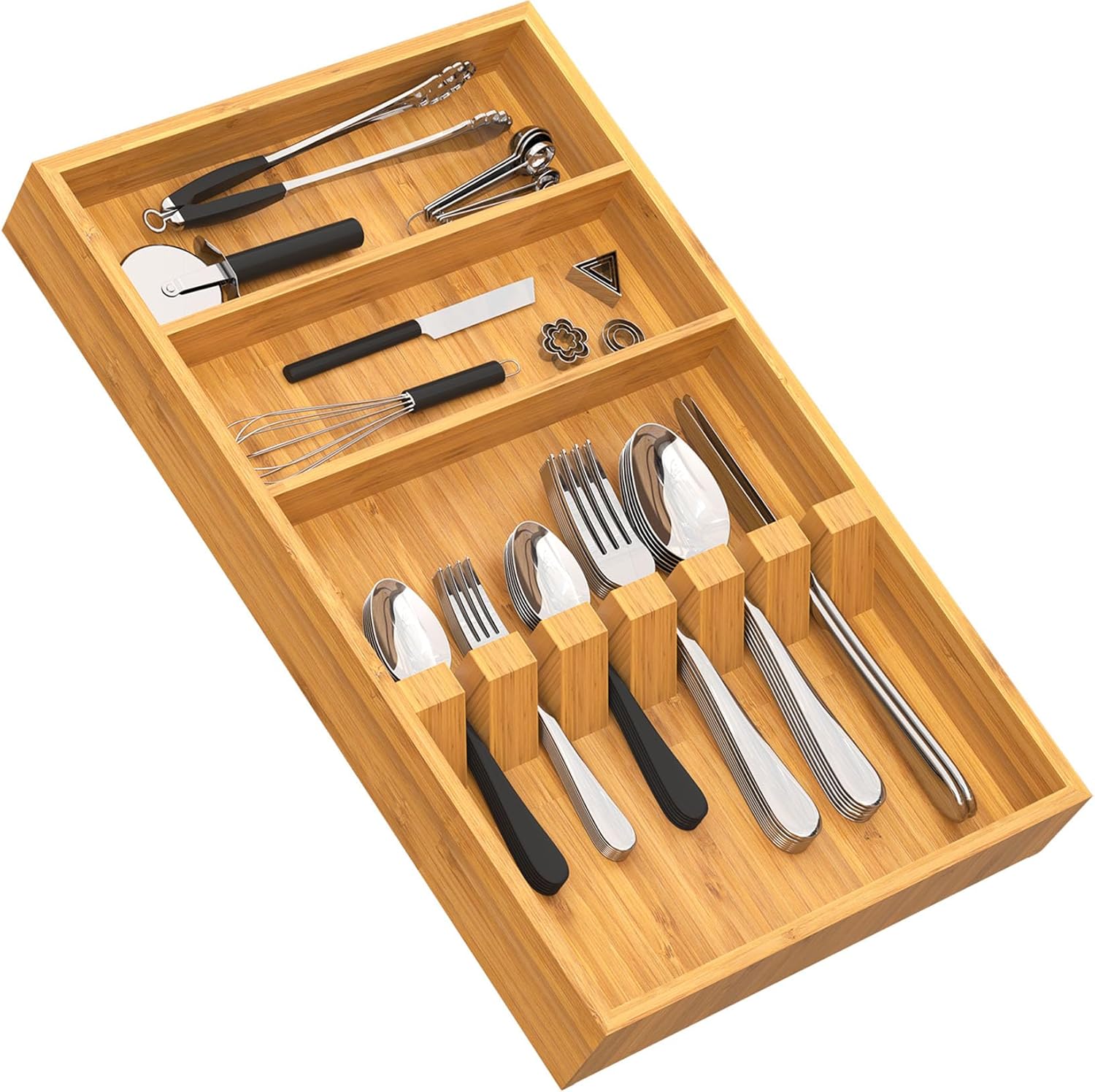 Yofidra Pure Bamboo Silverware Drawer Organizer: 16.53" Lx10 Wx1.93 H Large Silverware Utensil Tray Holder, 3-Compartment with 6 Card Slots Kitchen Flatware Organizer for Spoons Forks Knives Natural 16.53x10x1.93