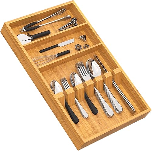 Yofidra Organizador de cubiertos de bambú, 16.53 x 10.3 x 1.96 pulgadas, organizador de cajones de utensilios de cocina, bandeja de cubiertos para