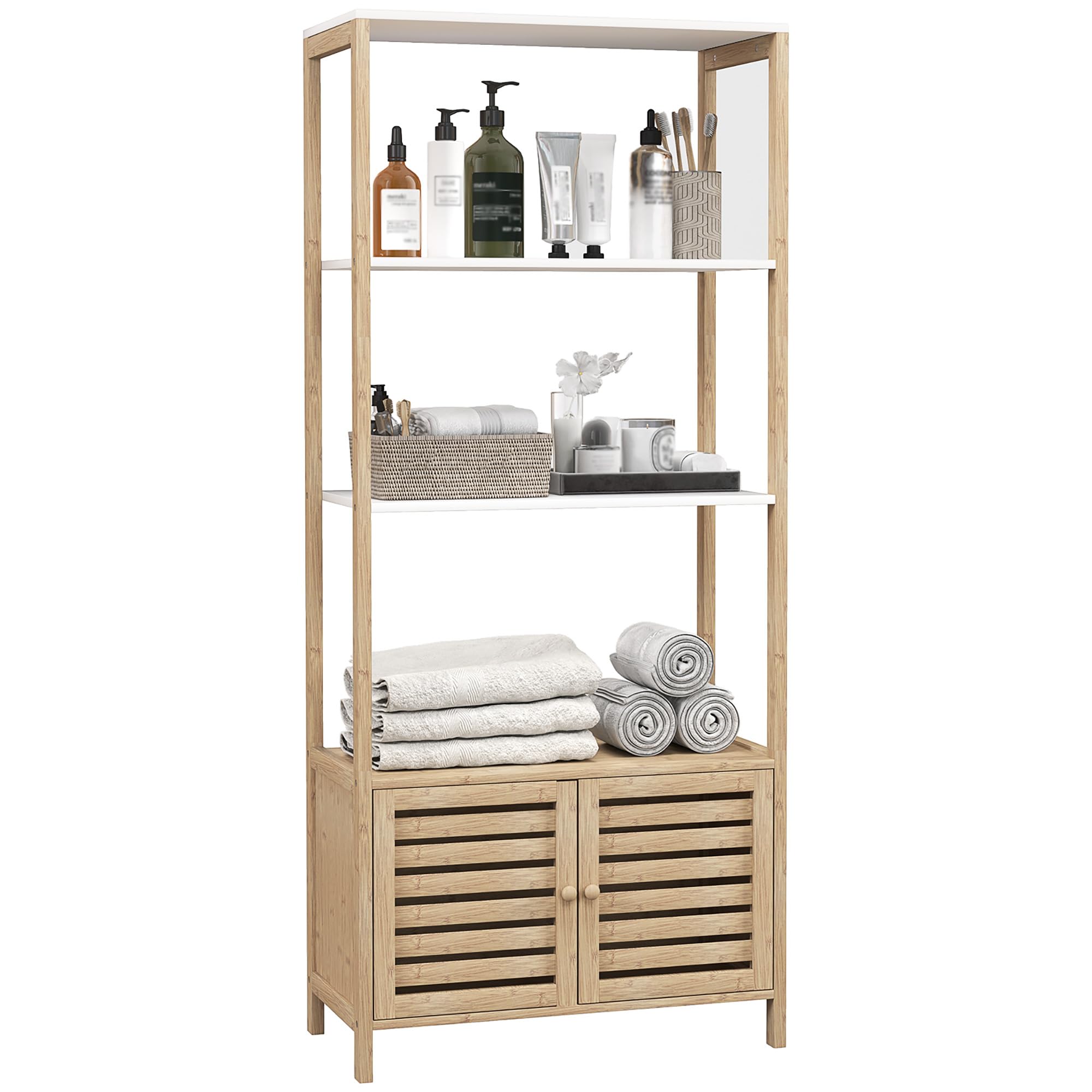 HOMCOM Estantería de Baño de Bambú con 3 Estantes Abiertos Estantería de Almacenaje con Puertas de Lamas 63x30x138 cm Natural y Blanco