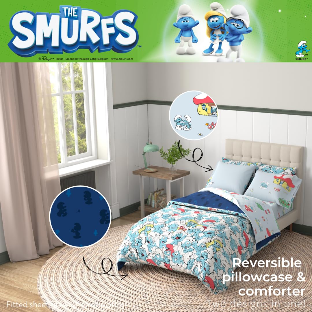 Franco The Smurfs Kinder-Bettwäsche-Set, superweich und gemütlich, wendbar, Mikrofaser, mit Kissenbezug, 5-teiliges Doppelbett, offizielles Lizenzprodukt