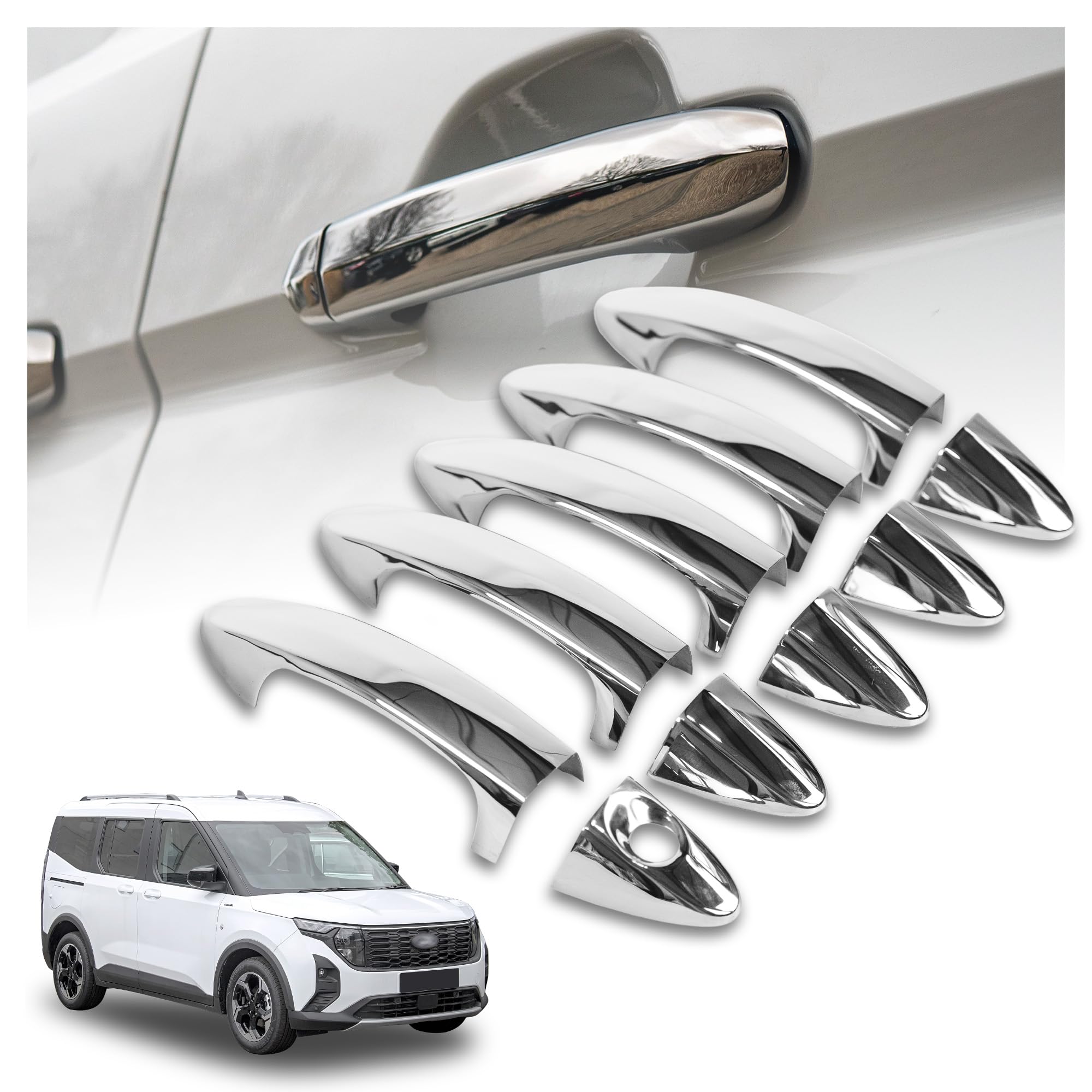 CHROMEMASTER | Auto Türgriff Schale Kompatibel mit Ford Tourneo Courier 2023+ | Außentürgriff Türgriffabdeckung; Edelstahl; Farbe: Chrom; Schutz und ein Neuer Look für Ihre Autotürgriffe; 10 Stk.
