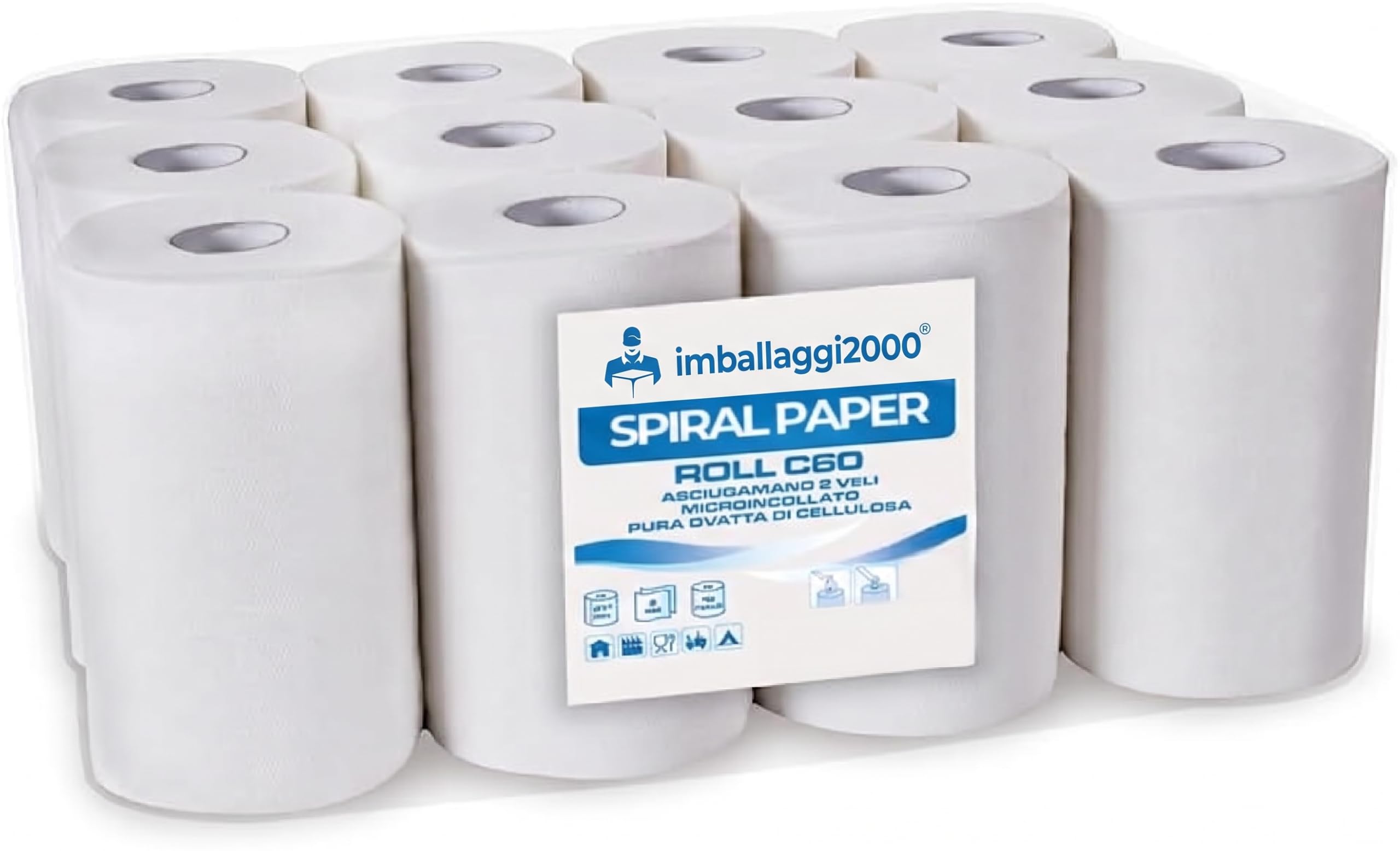 IMBALLAGGI 2000 - Rotoli Asciugamani Carta 2 Veli in Pura Cellulosa, 1 pack, Confezione da 12-220 Strappi Ogni Rotolo, Altezza 21.5 cm - Certificazione Ecolabel