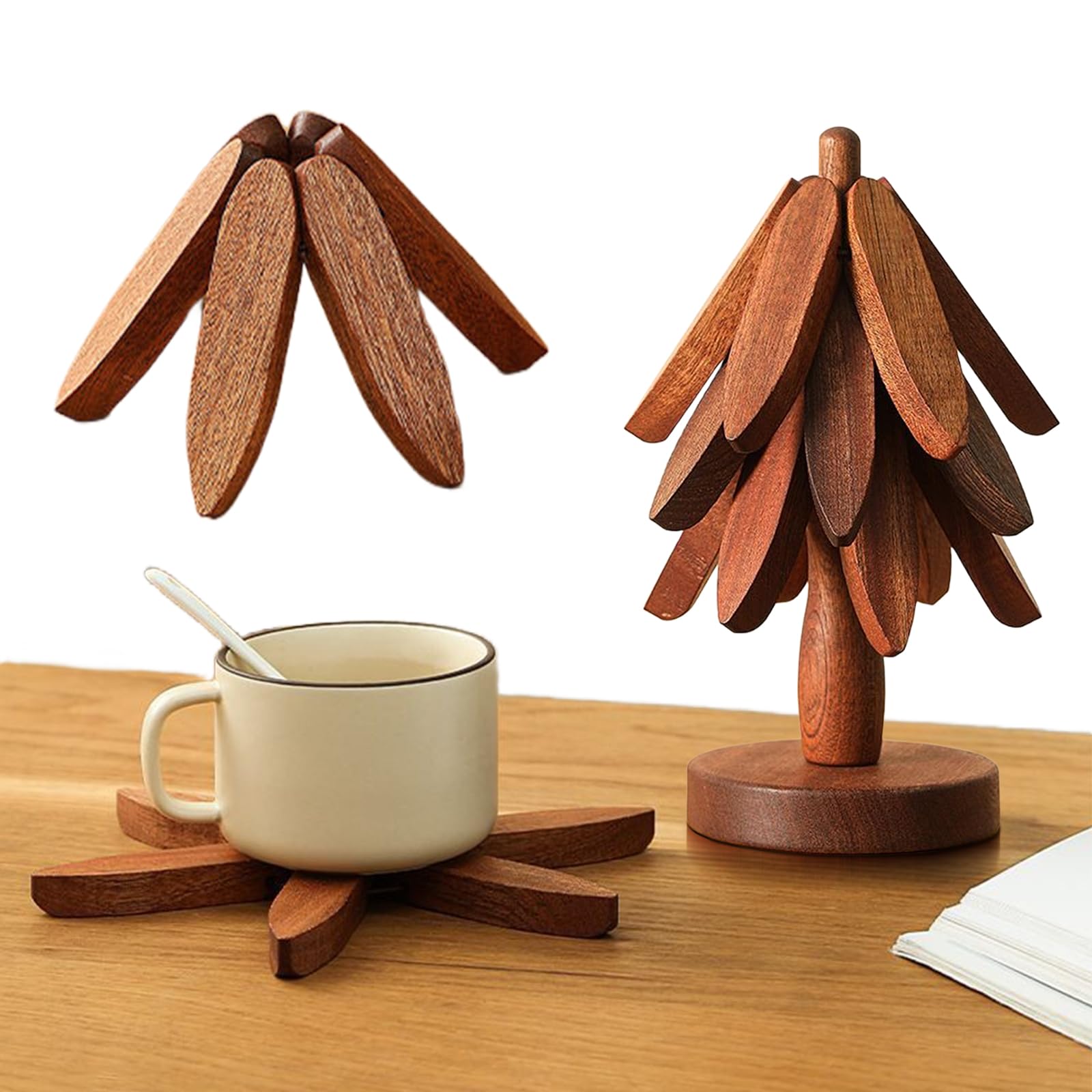Speproeco 3 Trivets - Black Walnut Wooden Tree Trivet Set, Tree Shape Trivets For Hot Dishes, Wood Coasters For Christmas Kitchen Decor, Foldable Kitchen Wooden Trivets For Hot Pots And Pans